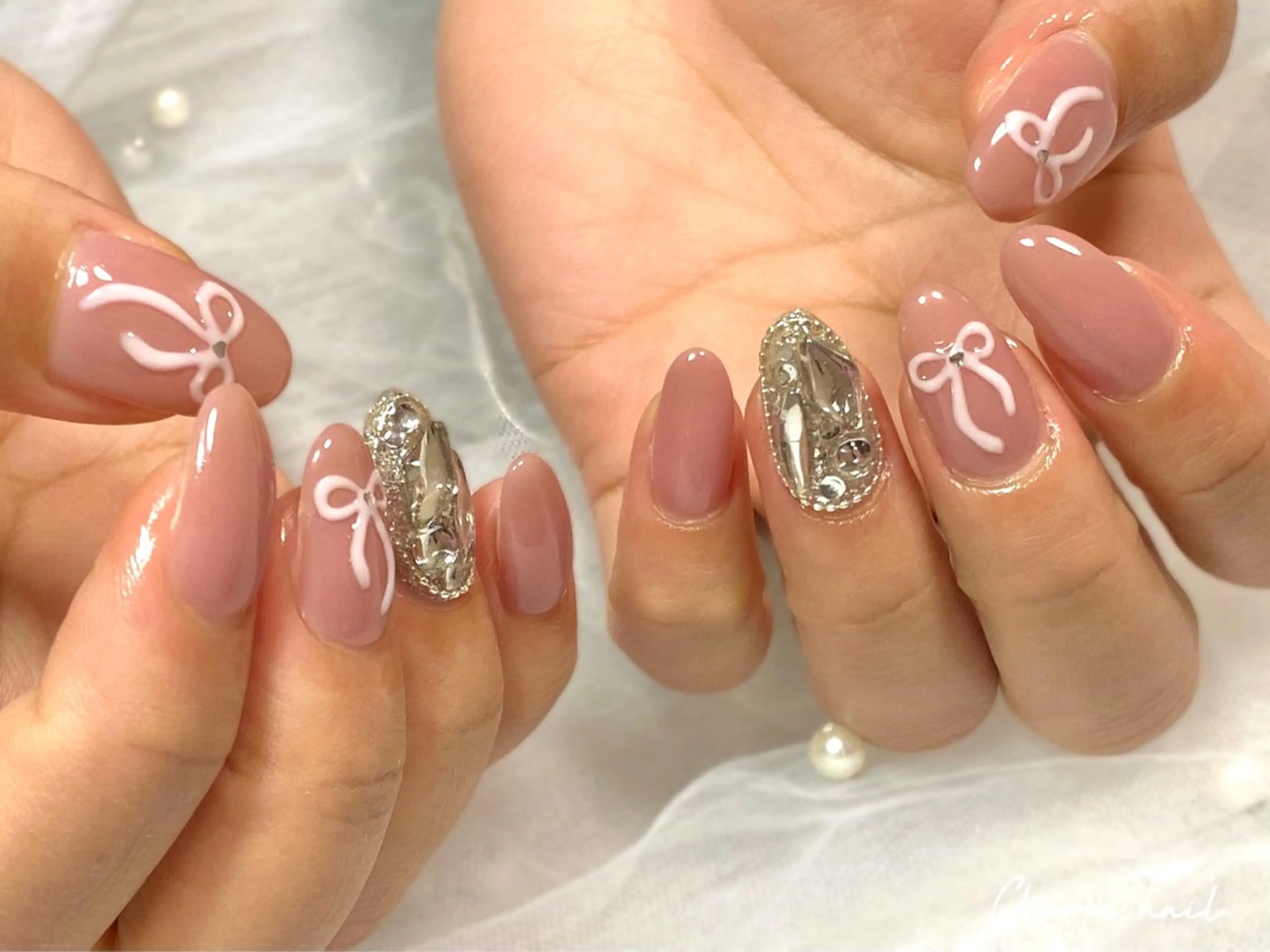 ネイル ジェルネイル 韓国ネイル ピンク リボン 春ネイル ハンドネイル Cherienail yunaのネイルデザイン