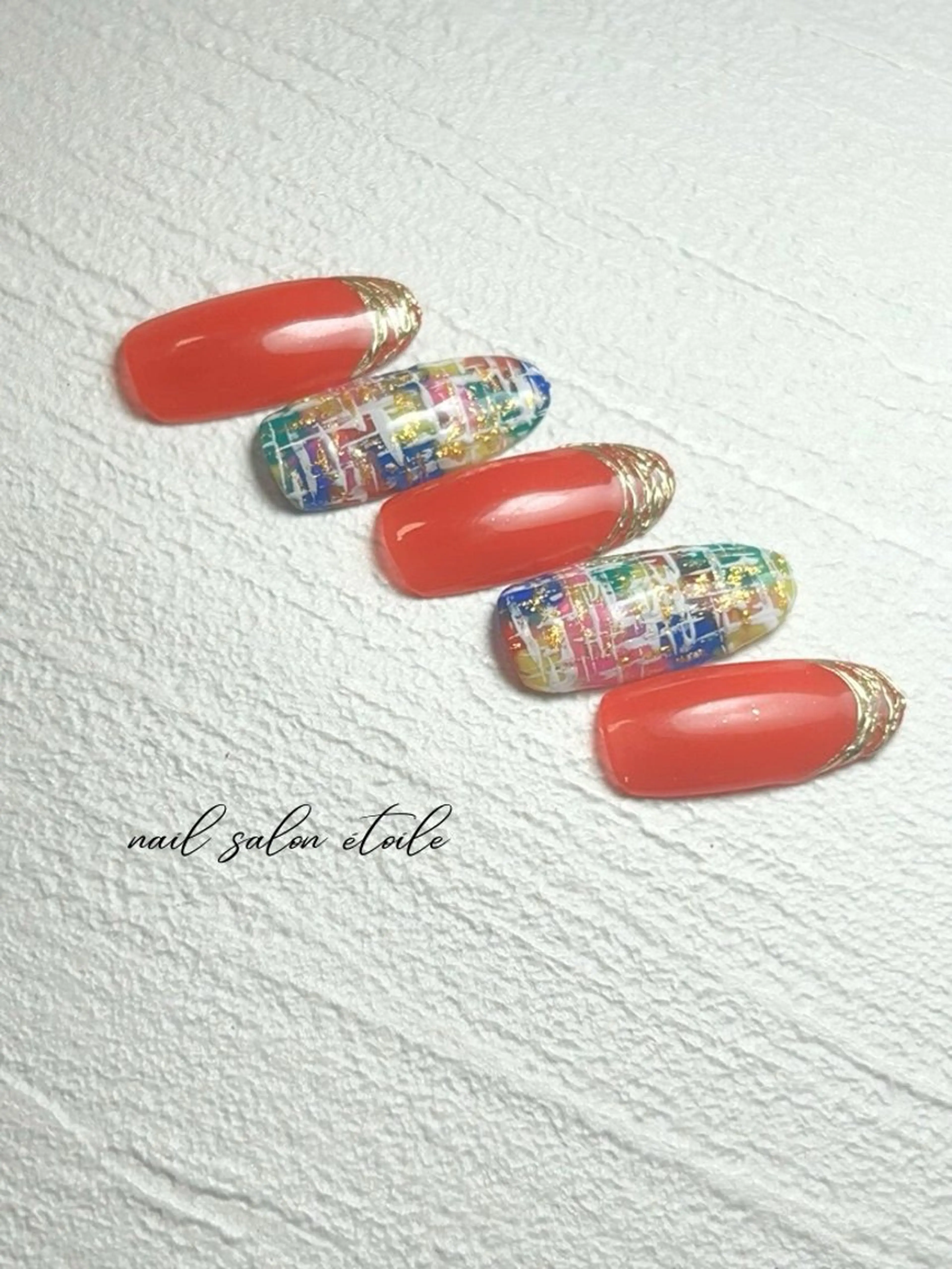 ネイル フレンチネイル ミラーネイル オレンジ ツイードネイル ハンドネイル nail salon étoileのネイルデザイン