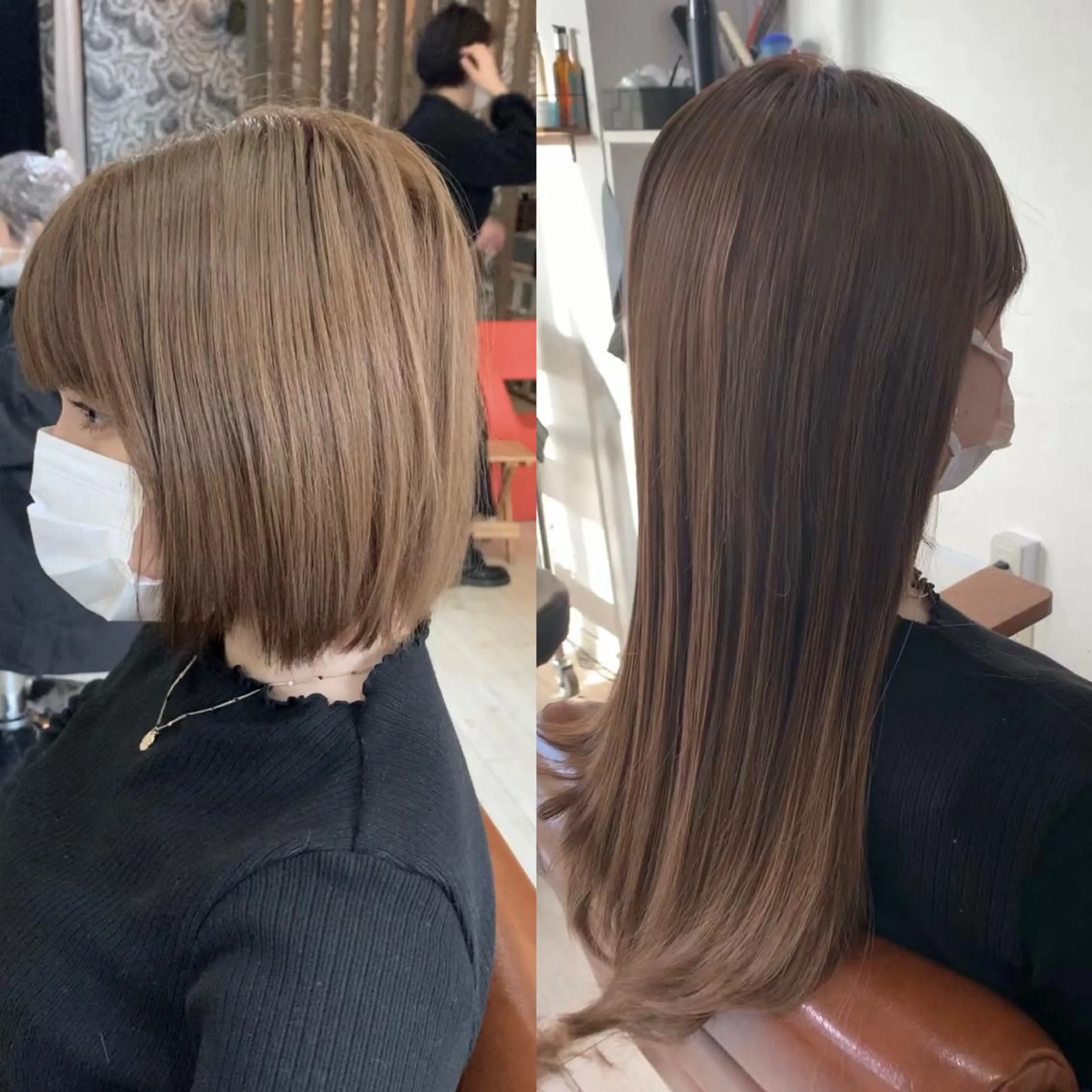 肩上→ロング52cmシールエクステ100枚125g(おへそ上長さ)+カット(地毛の毛量調整、エクステカット)1枚270円の写真