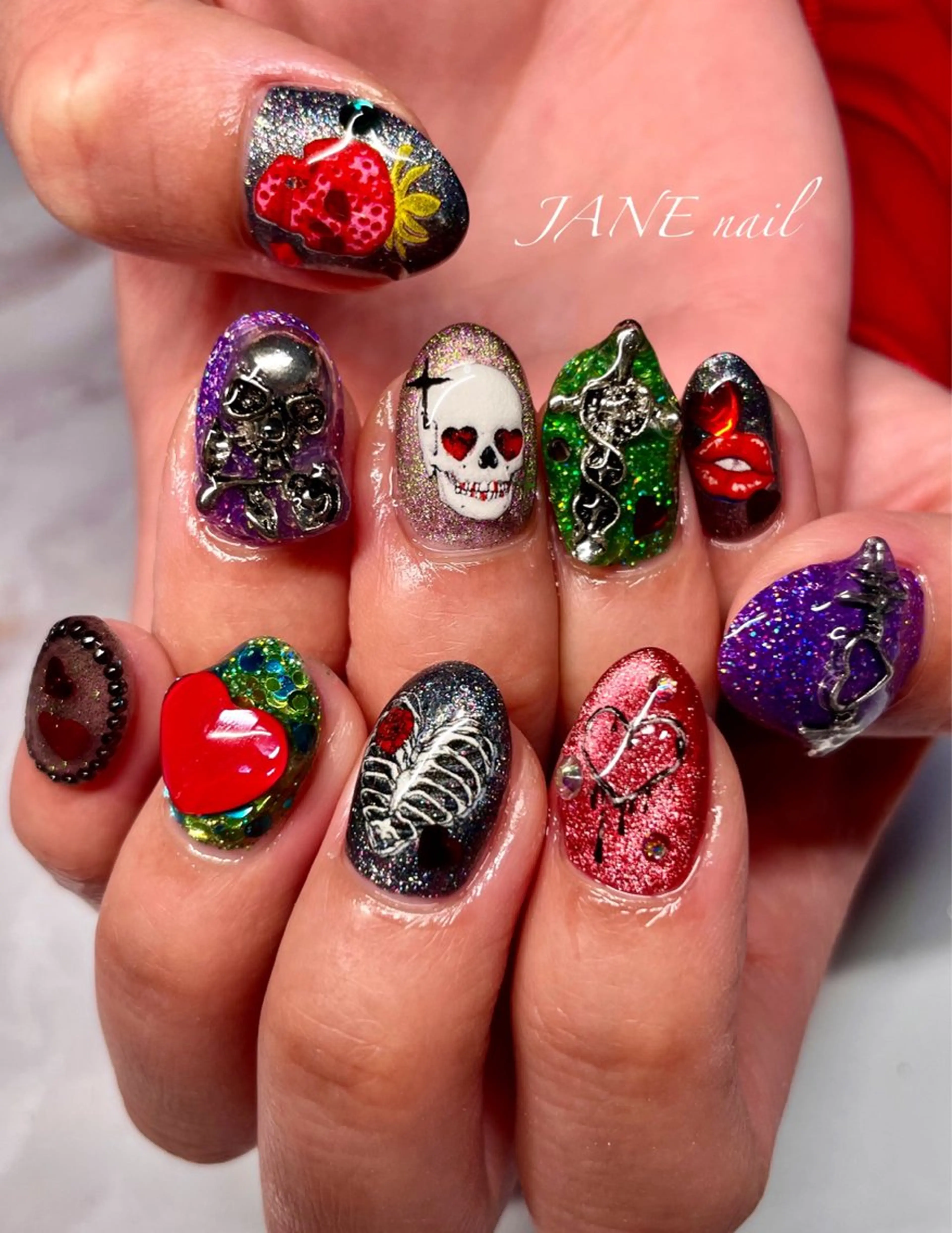 ネイル ハート ロングネイル 赤色 バレンタイン ハンドネイル Nail Salon JANEのネイルデザイン