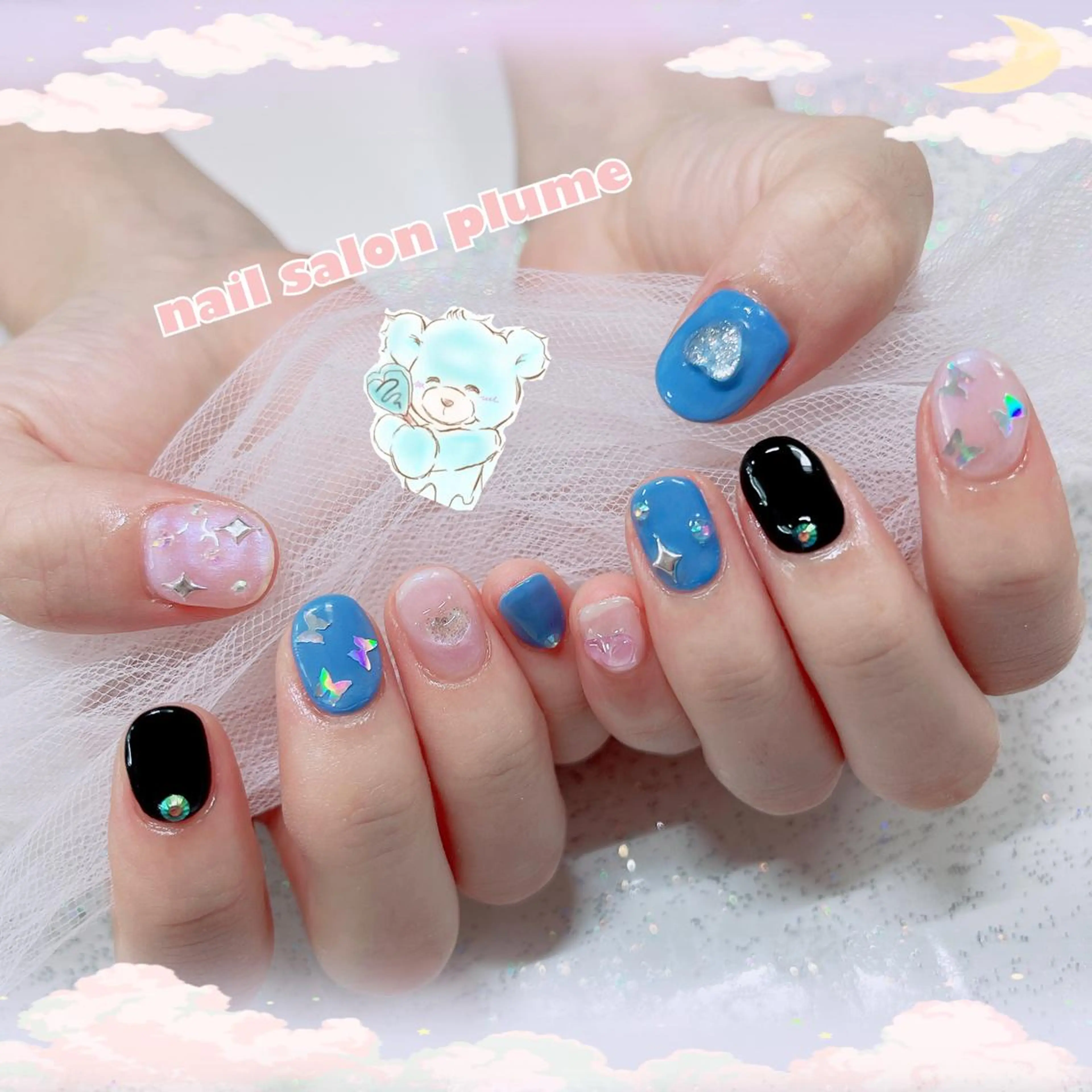 ネイル アートネイル ブルー ジェルネイル ハート キラキラネイル ハンドネイル plume nail ☆韓国ネイルのネイルデザイン