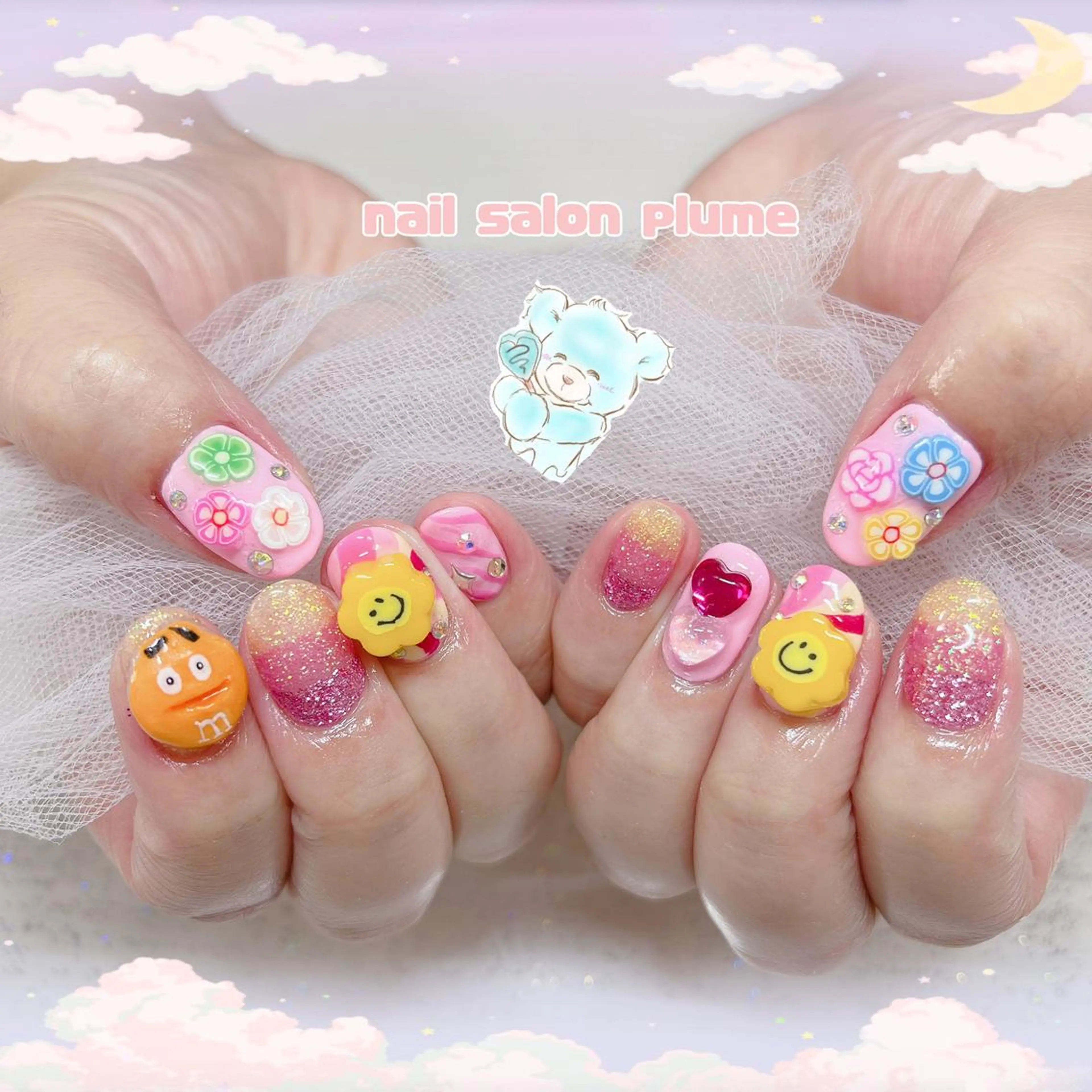 ネイル フラワーネイル ハート キラキラネイル 韓国ネイル ピンク ハンドネイル plume nail ☆韓国ネイルのネイルデザイン