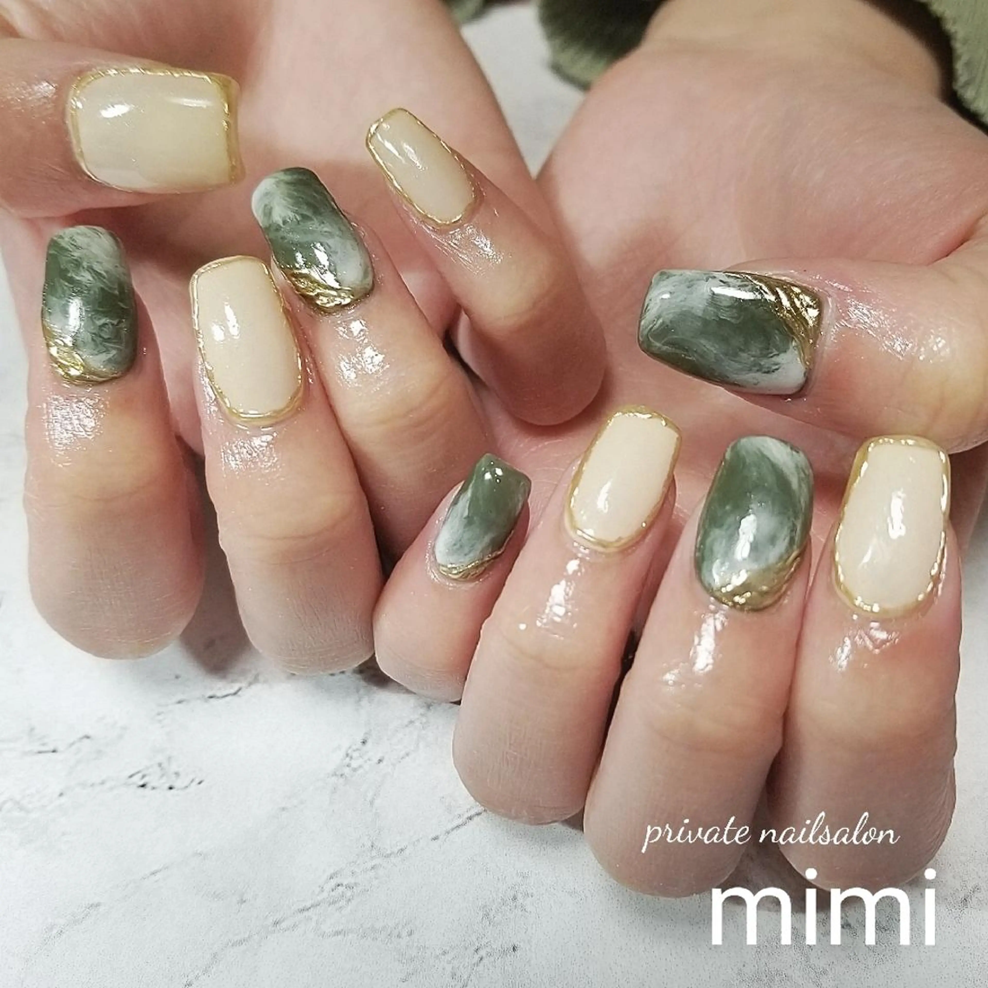 ネイル グリーン 大理石ネイル(マーブル) ハンドネイル 博多ネイル ｍｉｍｉのネイルデザイン