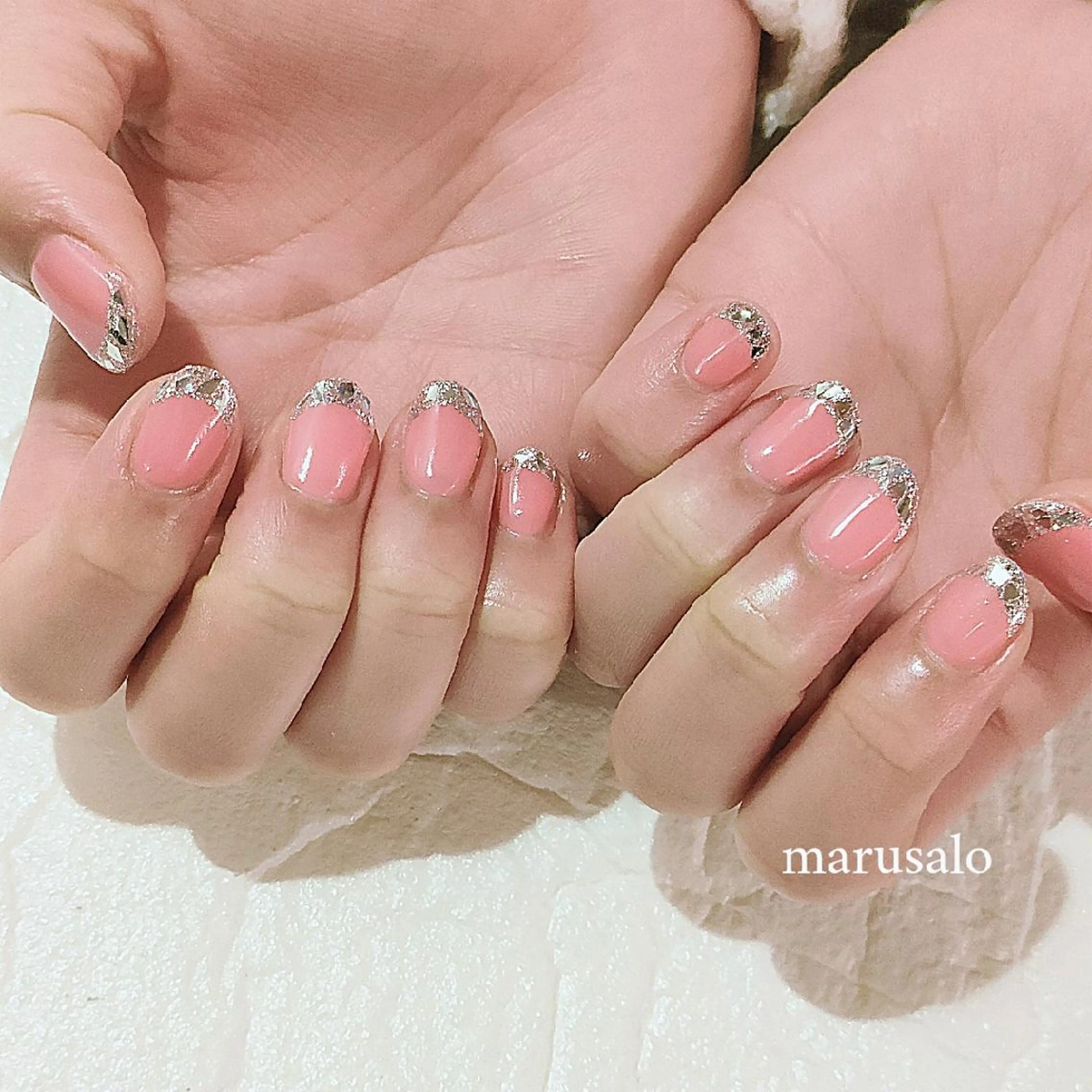 ネイル フレンチネイル ガラスフレンチ キラキラネイル ピンク 冬ネイル ハンドネイル marusalo nailのネイルデザイン