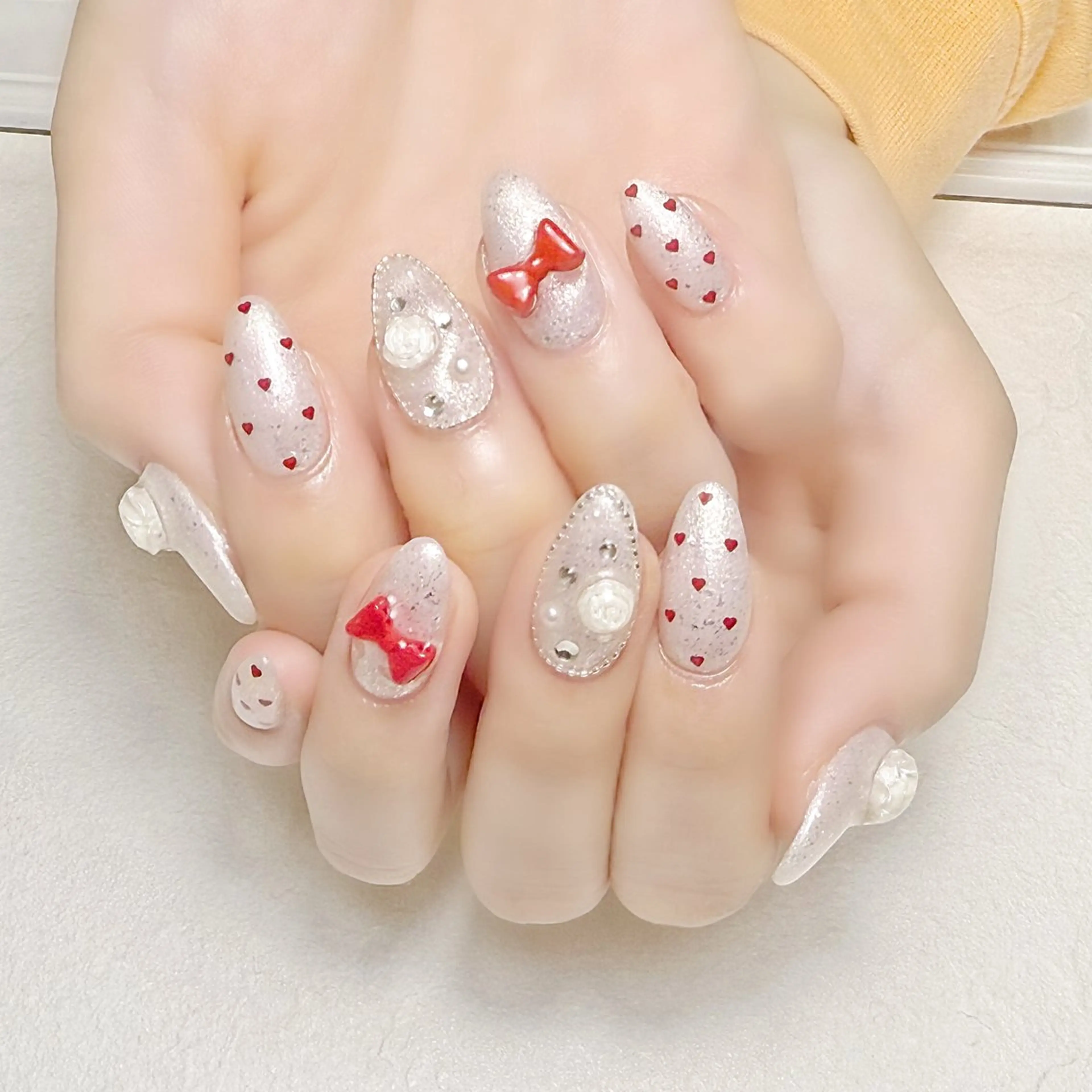 ネイル ハート ラメ(グリッター) リボン 春ネイル rouse nail RISATOのネイルデザイン
