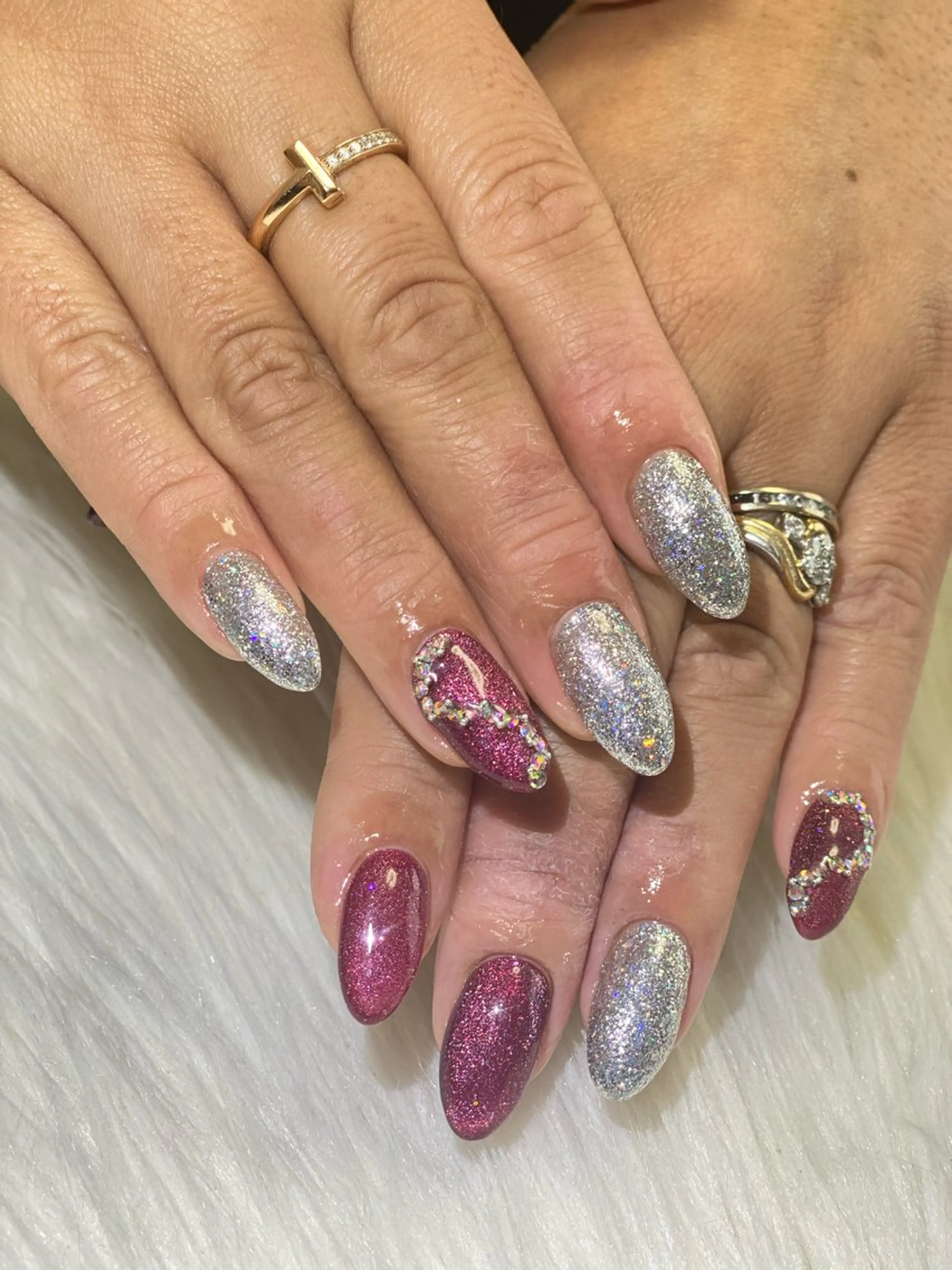 ネイル ボルドー シルバー ストーンネイル Esthetic Will所属・will 有希のネイルデザイン