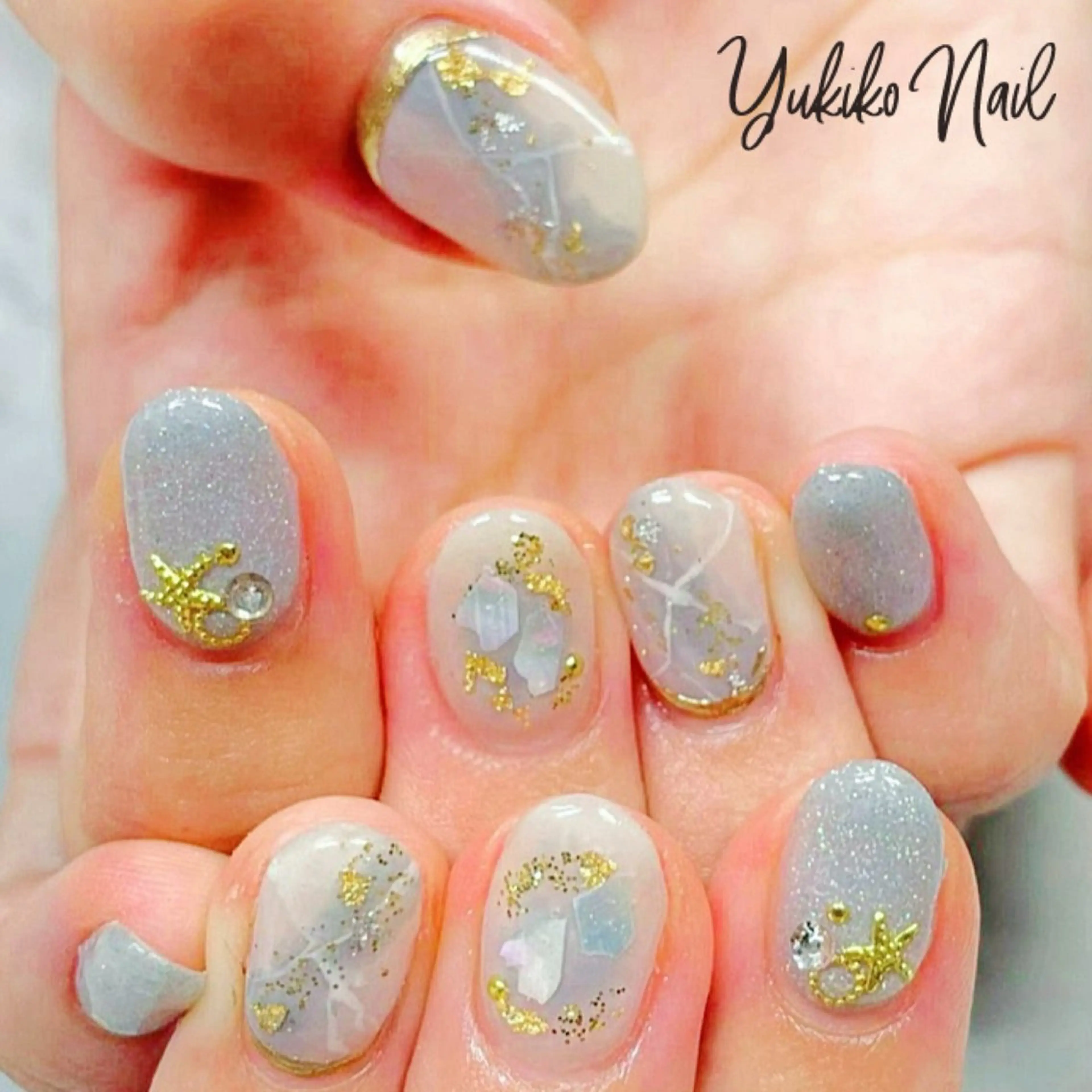 ネイル ブルー 大理石ネイル(マーブル) ニュアンスネイル 夏ネイル ハンドネイル ユキコ ネイルのネイルデザイン