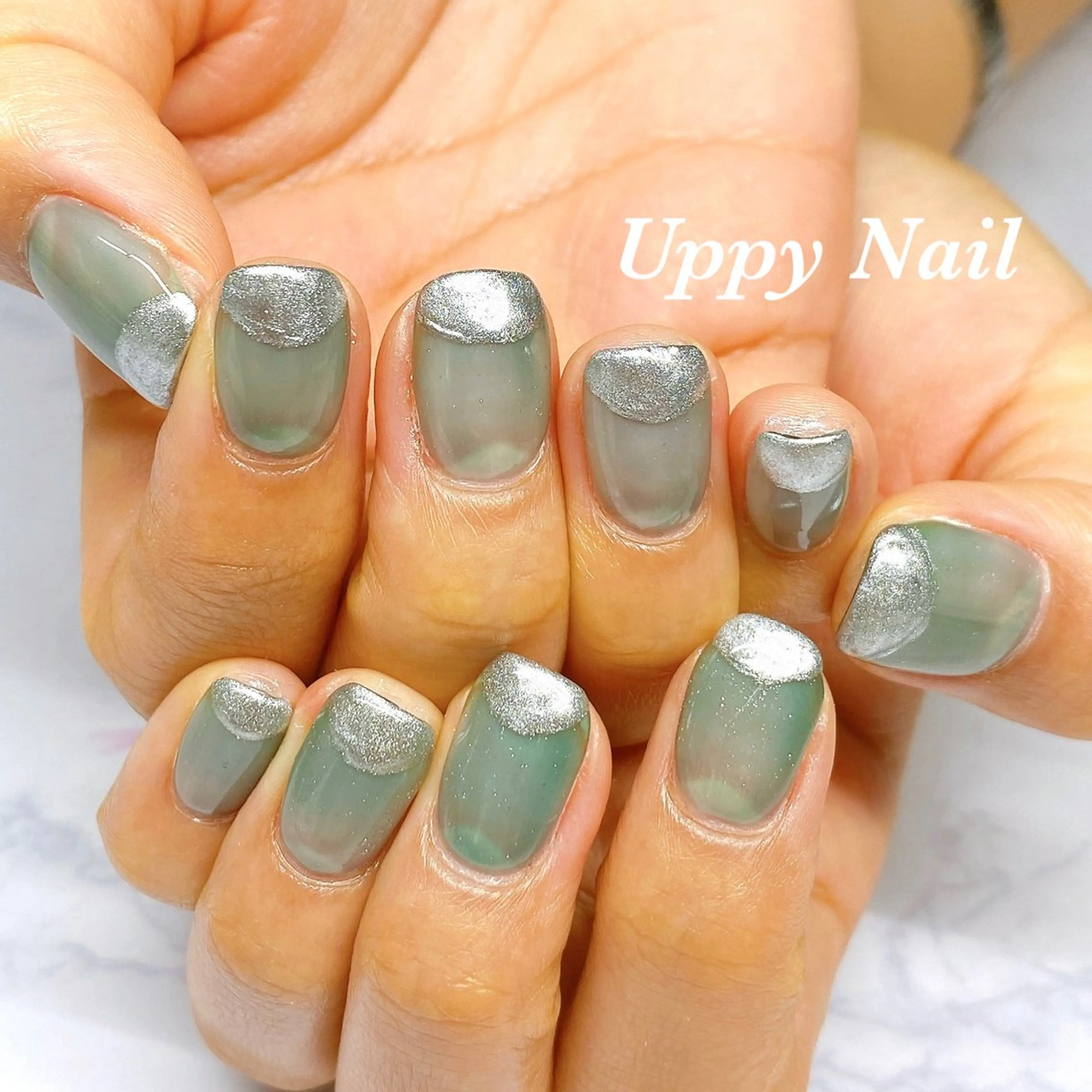 ネイル クリアネイル フレンチネイル グリーン ミラーネイル シルバー ハンドネイル Uppy Nail ukyoのネイルデザイン