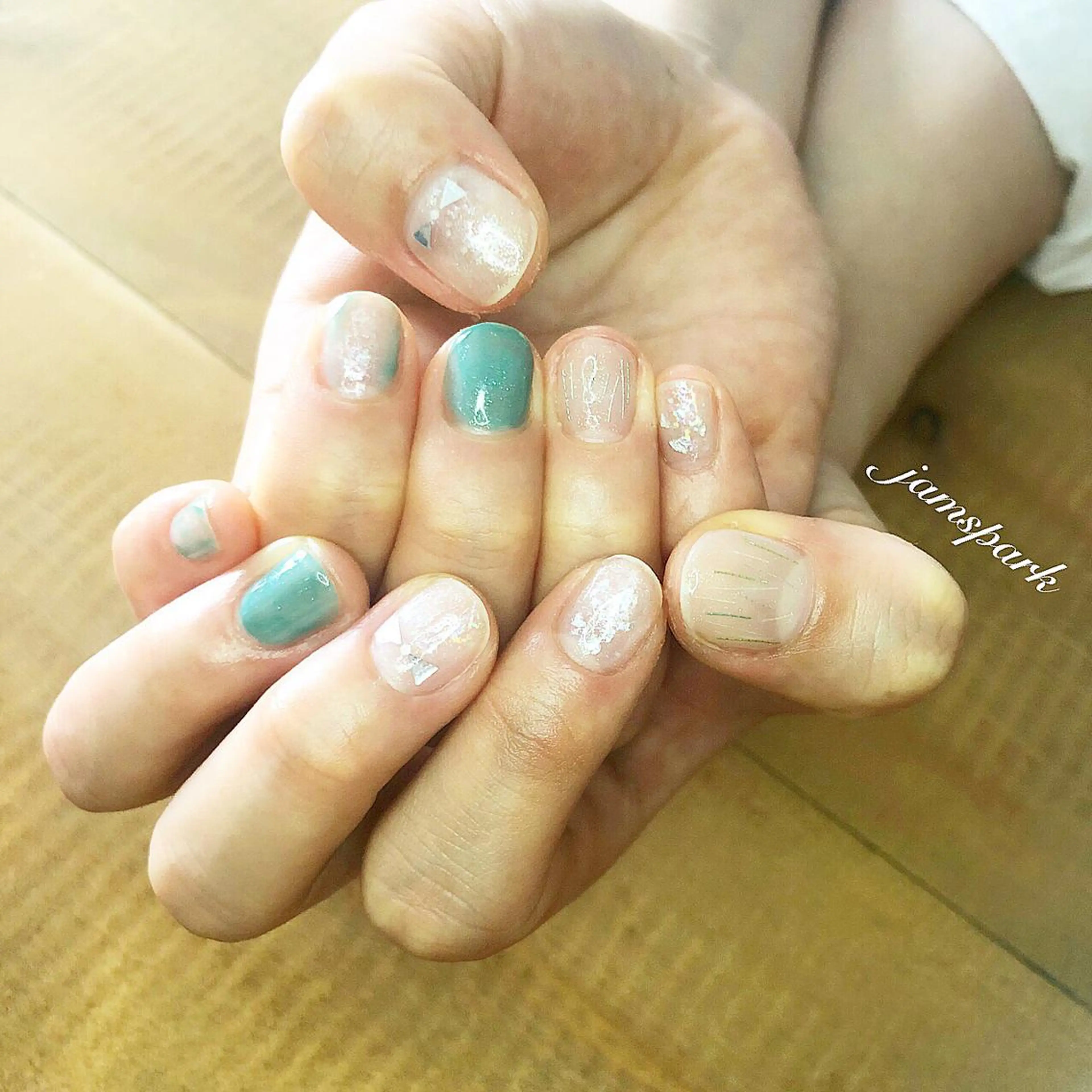 ネイル クリアネイル ジェルネイル グリーン ラメ(グリッター) リボン jamspark ✨のネイルデザイン