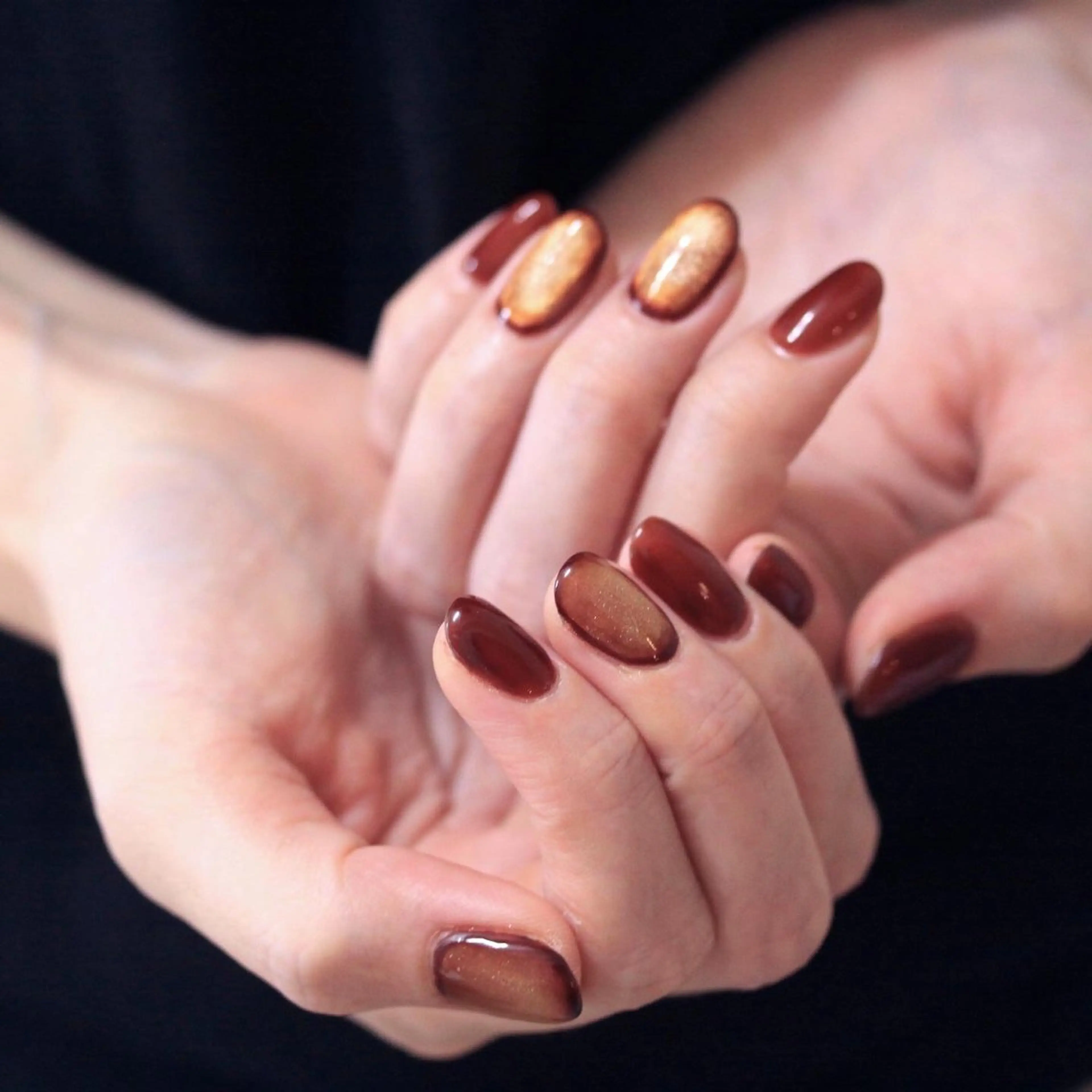 ネイル ブラウン 氷ネイル・うるうるネイル マグネットネイル ニュアンスネイル オフィスネイル ハンドネイル Elio所属・Elio 国泰寺のネイルデザイン