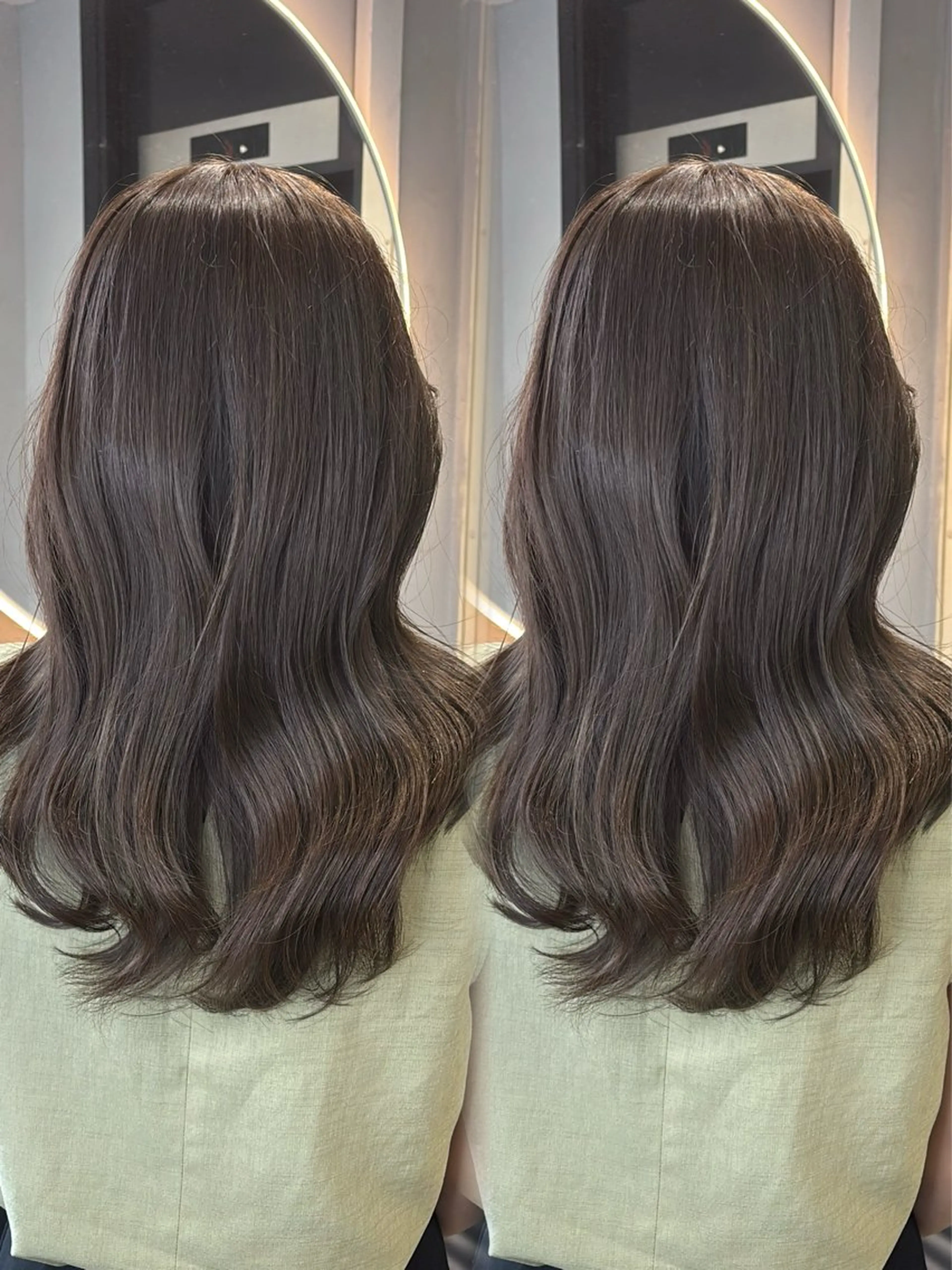 ロング カット ヘアカラー トリートメント 韓国ヘア/ブリーチ無 しWカラー/オリーブのヘアスタイル