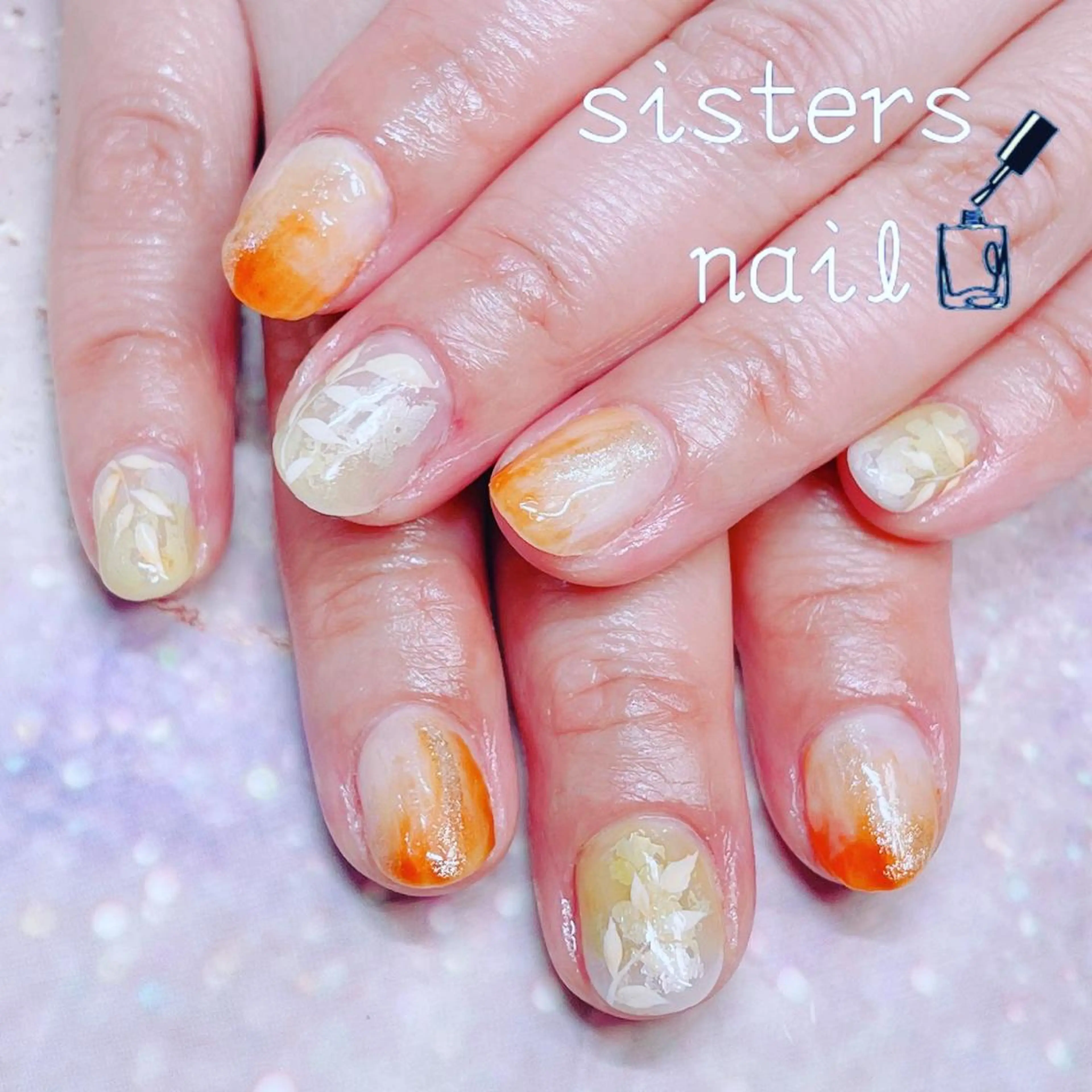 ネイル アートネイル ゴールド 大理石ネイル(マーブル) ニュアンスネイル オレンジ sisters nail.fのネイルデザイン