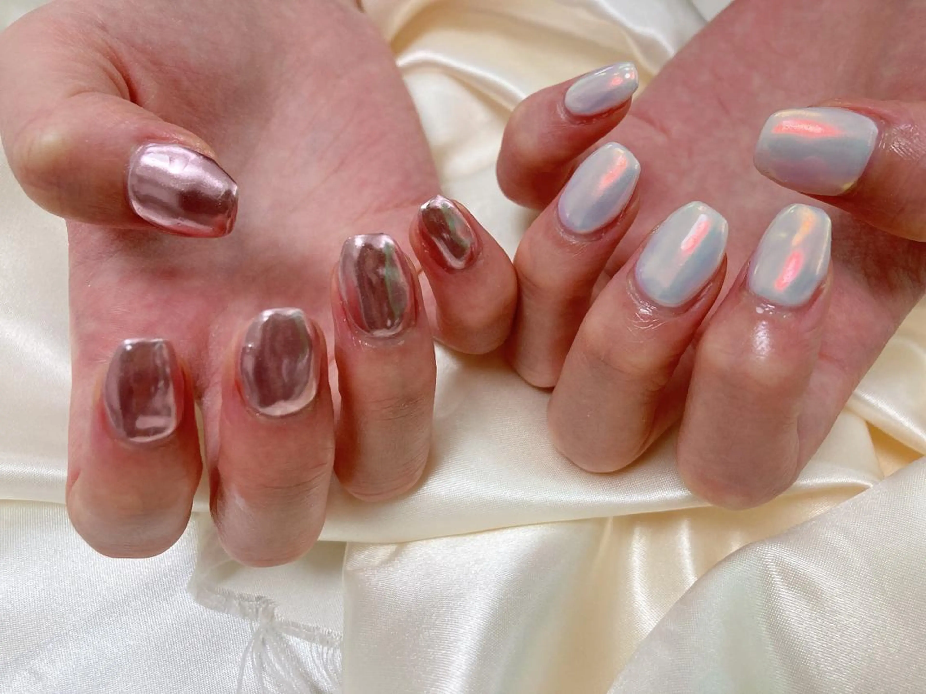 ネイル オーロラネイル ミラーネイル ピンク ハンドネイル Mogu nail 二子玉川のネイルデザイン
