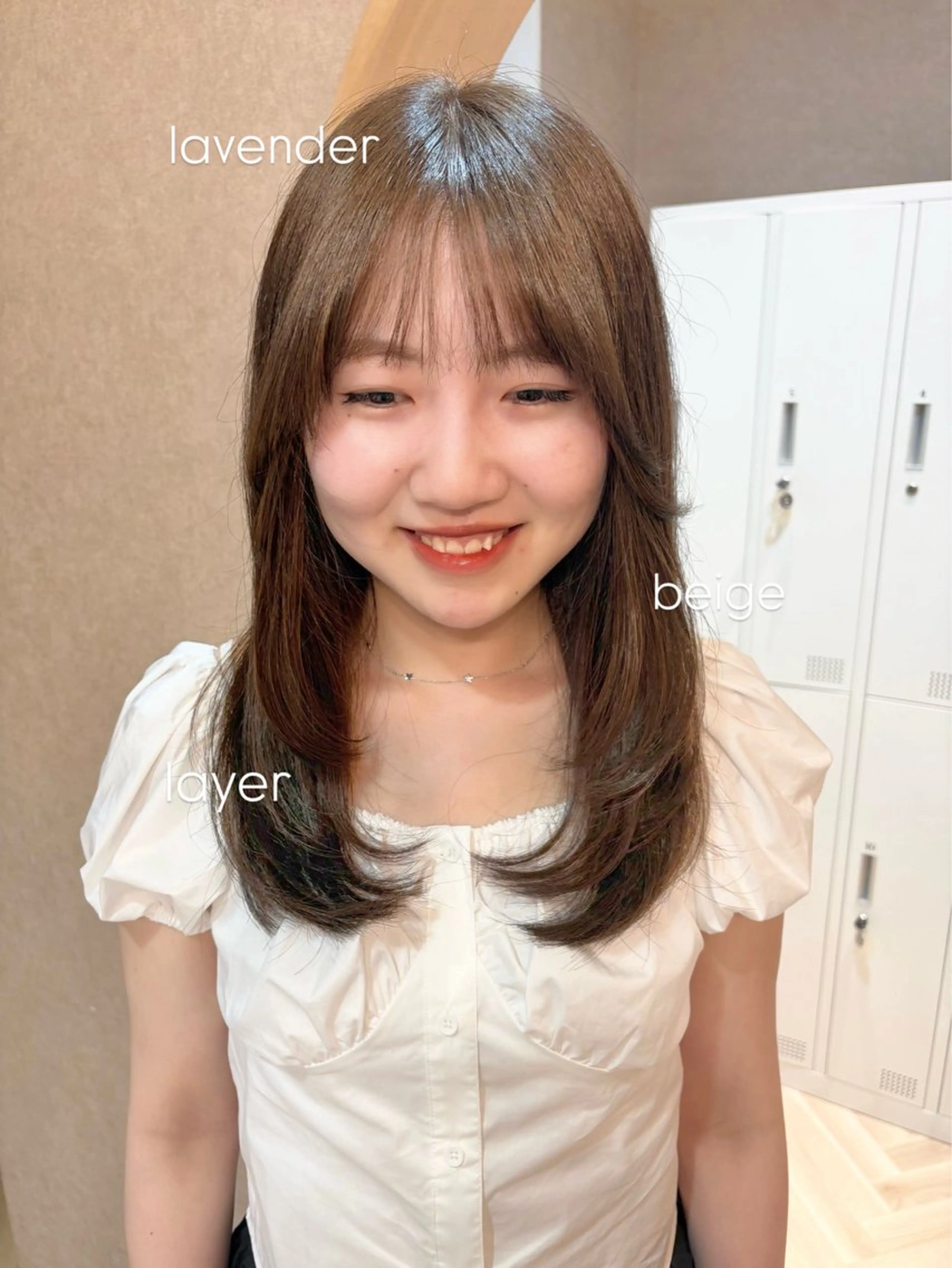 ミディアム ラベンダーベージュ カット ヘアカラー トリートメント 似合わせ/ベージュ /レイヤー/りほ🤍のヘアスタイル