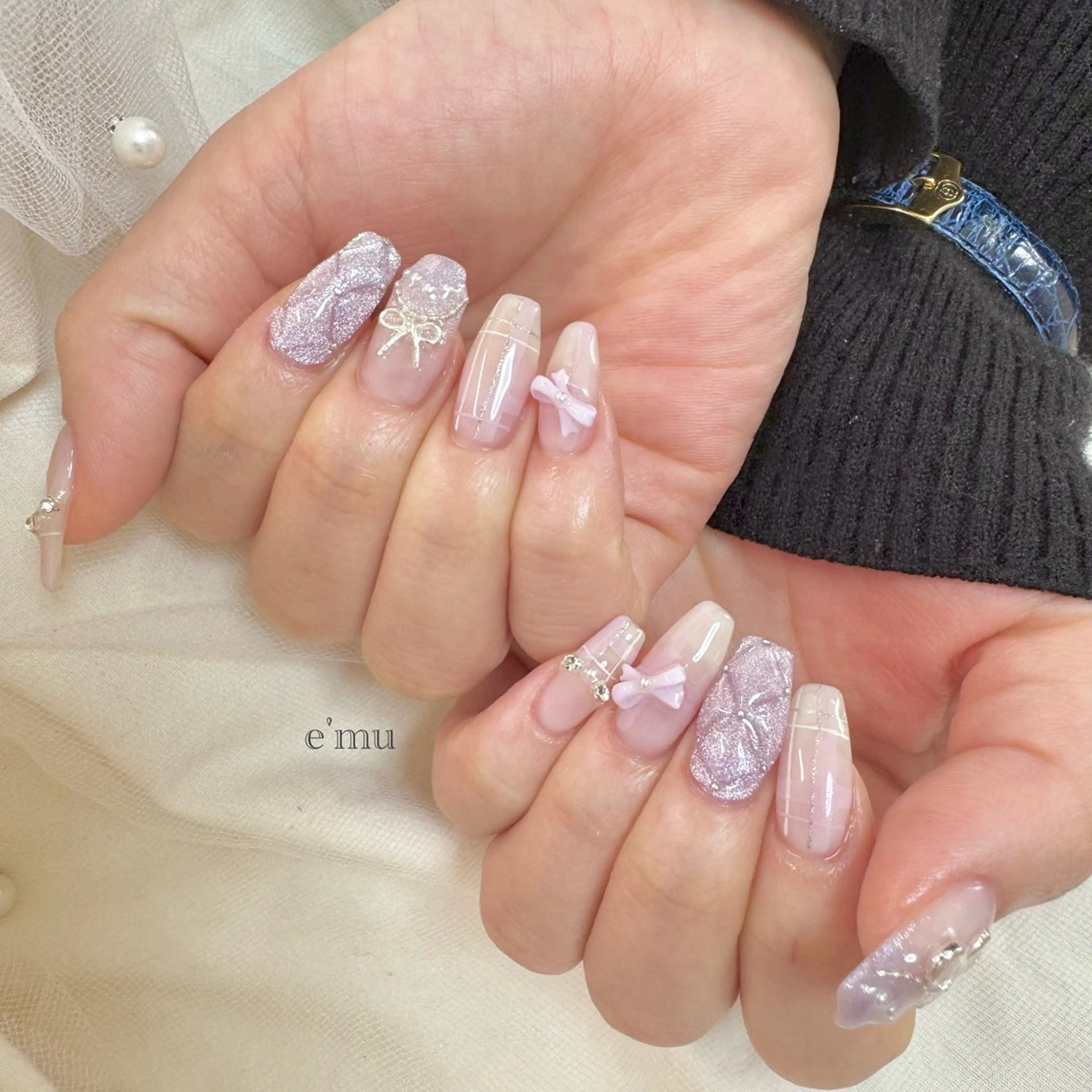 ネイル リボン ハンドネイル nail salon e'mu💐のネイルデザイン