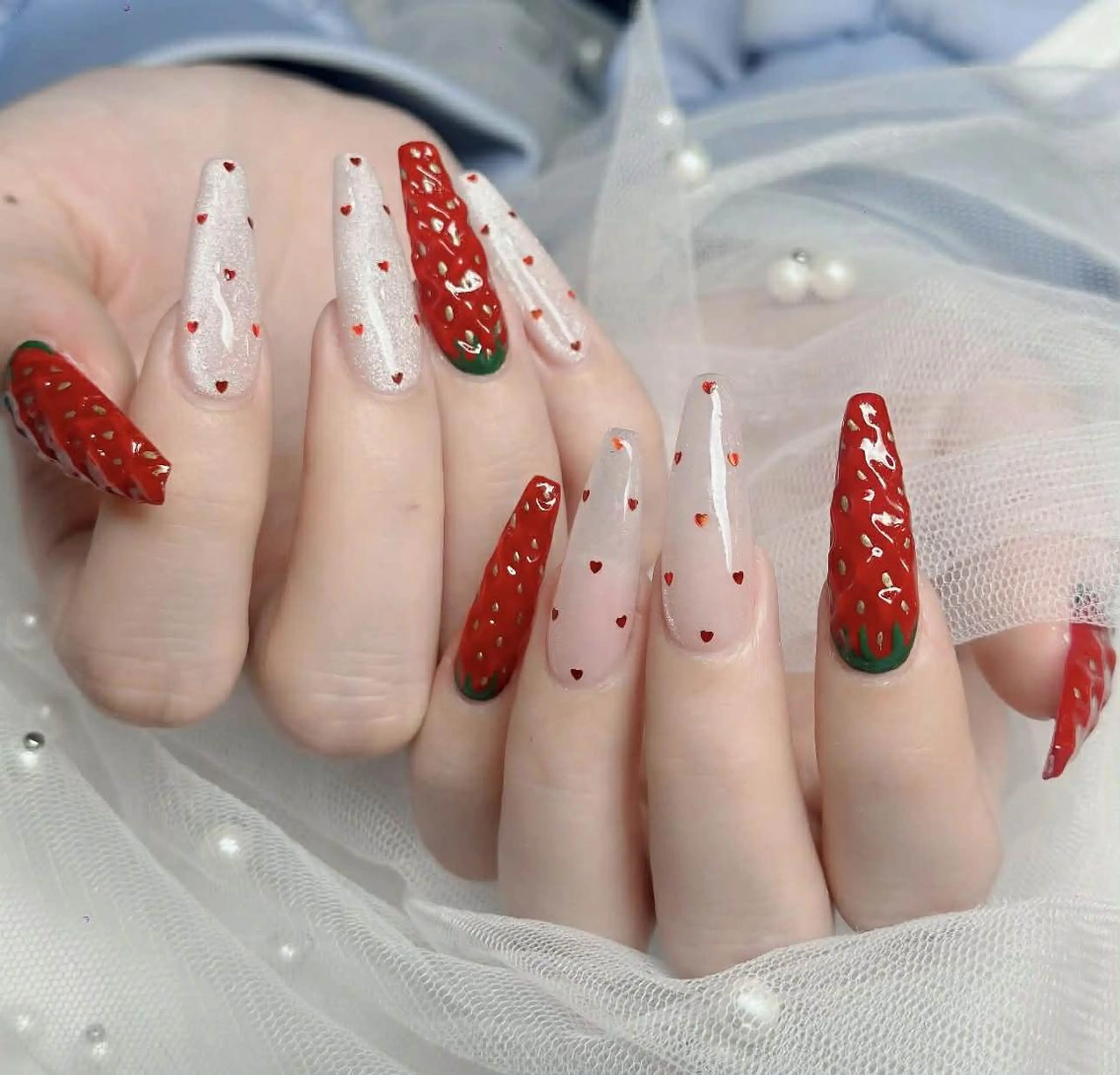 ロング カラー ベージュカラー グラデーションカラー ピンクカラー 韓国風ヘア ハンドネイル 波 なみのネイルデザイン