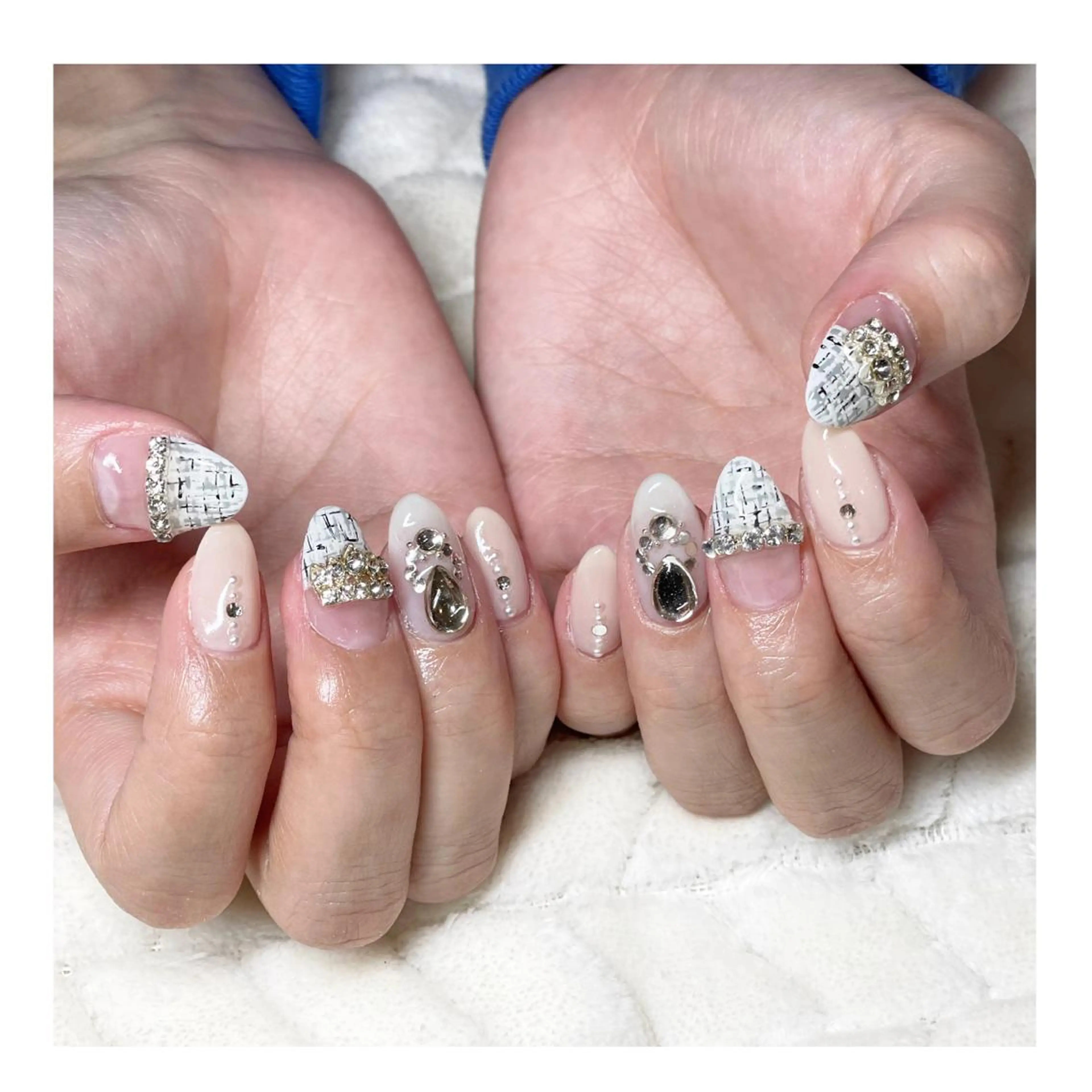 ネイル アートネイル ジェルネイル ストーンネイル ツイードネイル 冬ネイル ハンドネイル LaLa Peach 福岡のマツエク・マツパデザイン