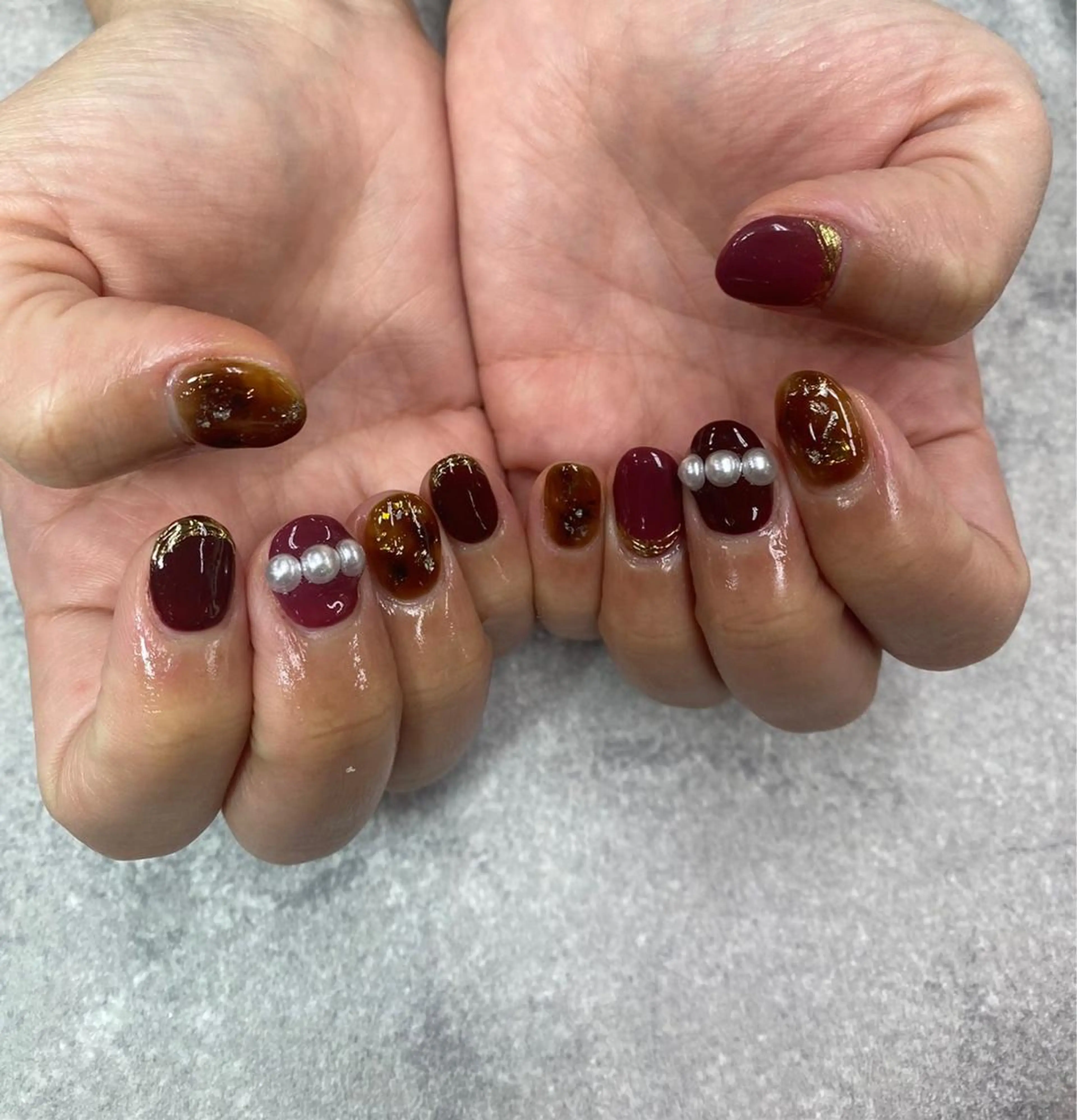 ネイル アートネイル べっ甲ネイル ボルドー フレンチネイル ジェルネイル FASTNAIL PLUS 新宿店のネイルデザイン