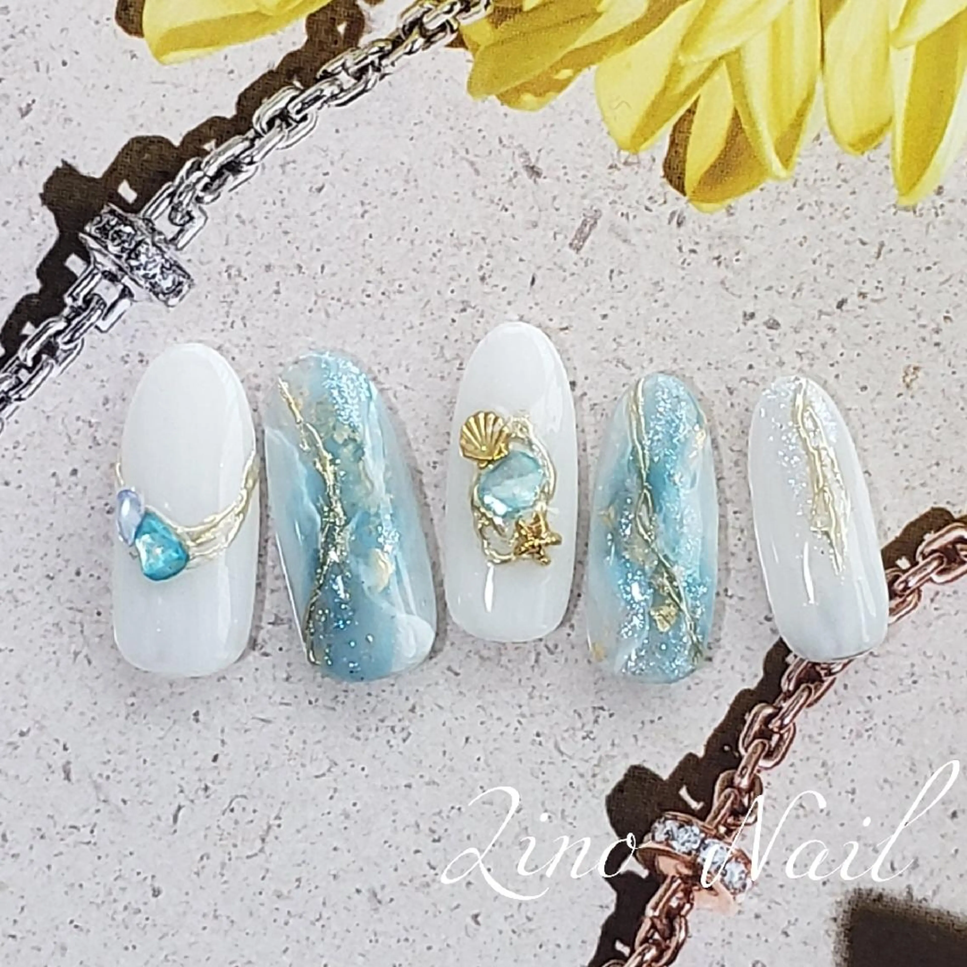 ネイル ブルー カジュアル ジェルネイル 大理石ネイル(マーブル) ミラーネイル ハンドネイル Lino Nailのネイルデザイン