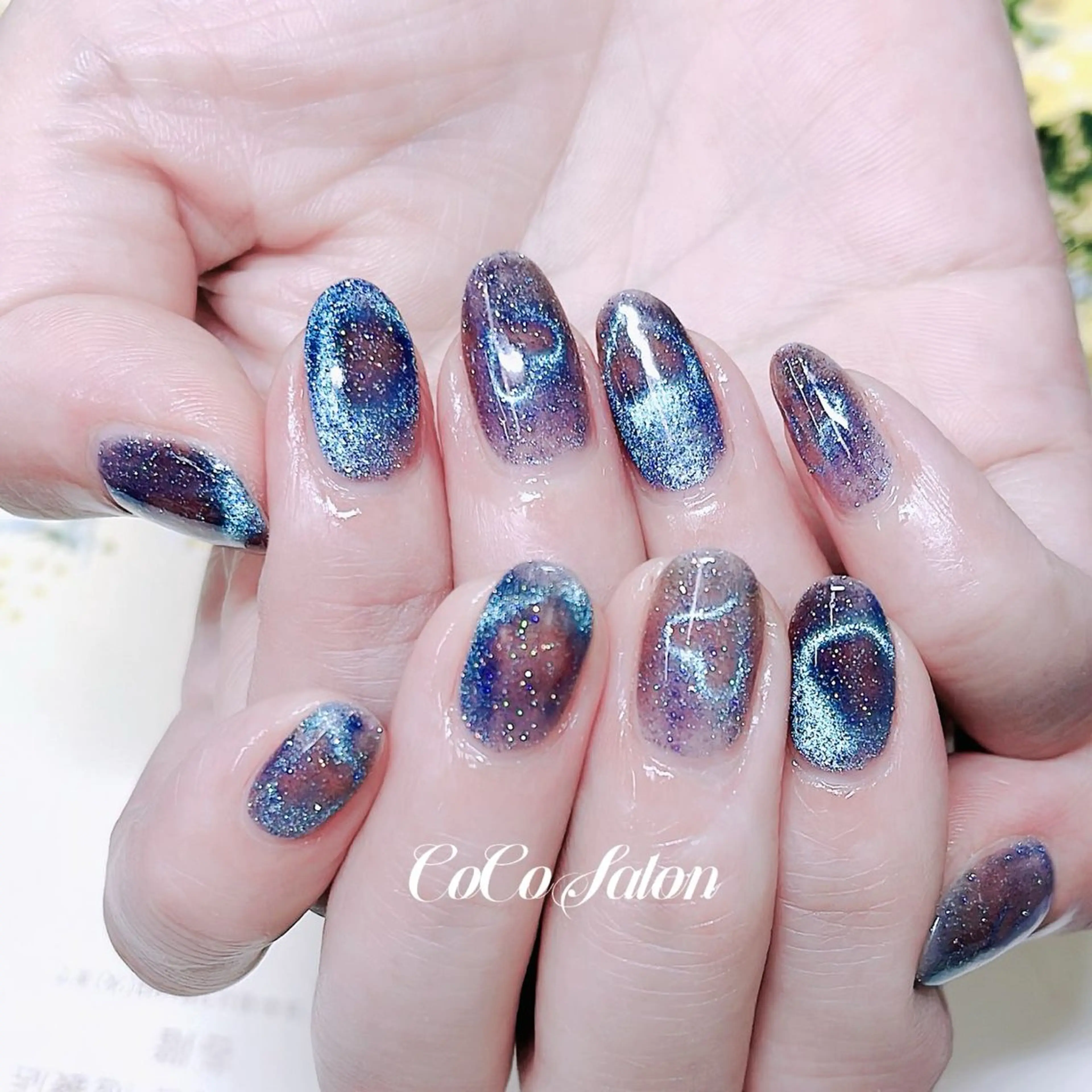 ネイル ブルー ジェルネイル ハート キラキラネイル マグネットネイル ハンドネイル CoCo Salon ネイル/睫毛/脱毛のマツエク・マツパデザイン