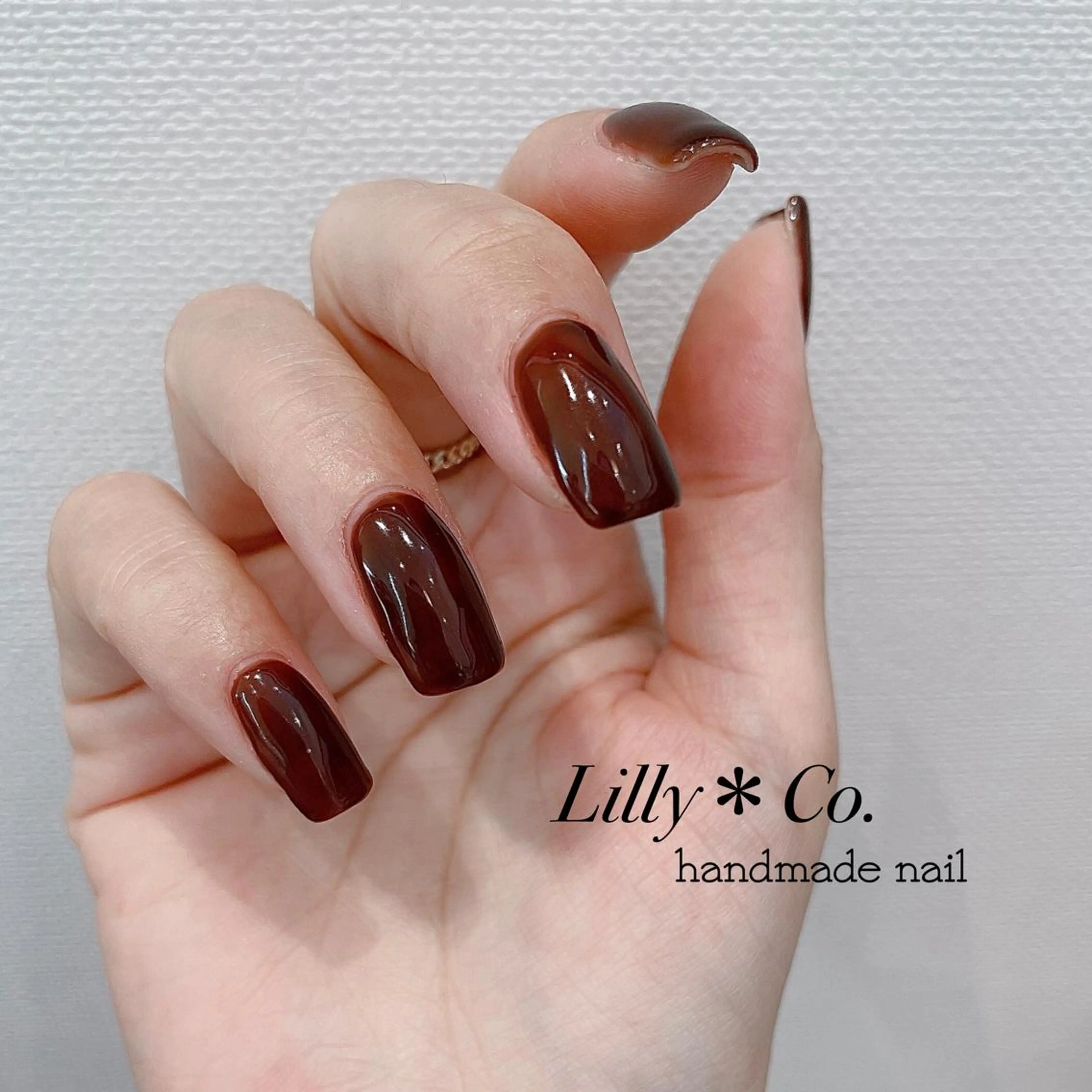 ネイル ブラウン ワンカラーネイル 赤色 シンプルネイル ハンドネイル ハンドケア Lilly Co.のネイルデザイン