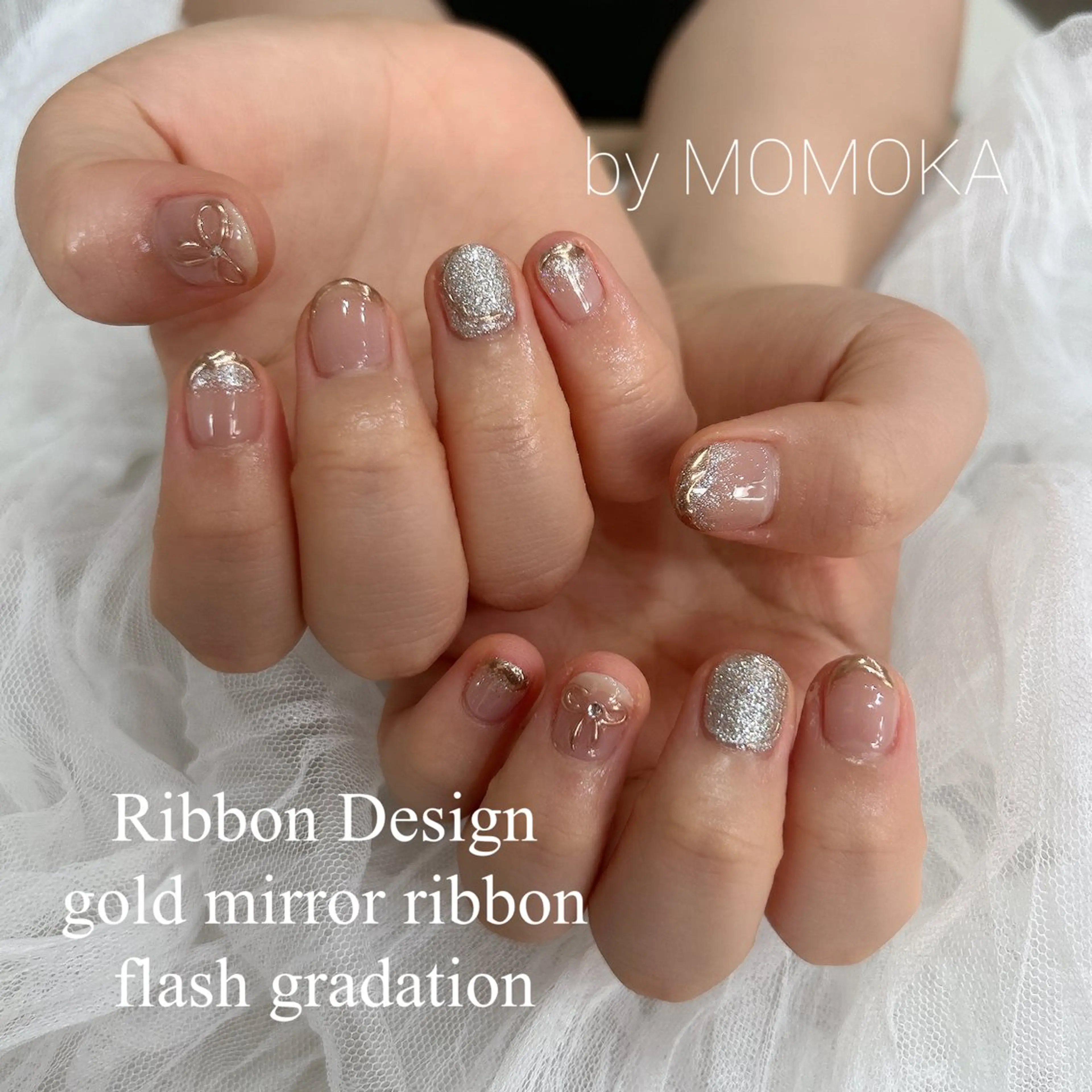 ネイル ミラーネイル リボン ハンドネイル momoka_nails所属・Momo Nailsのネイルデザイン