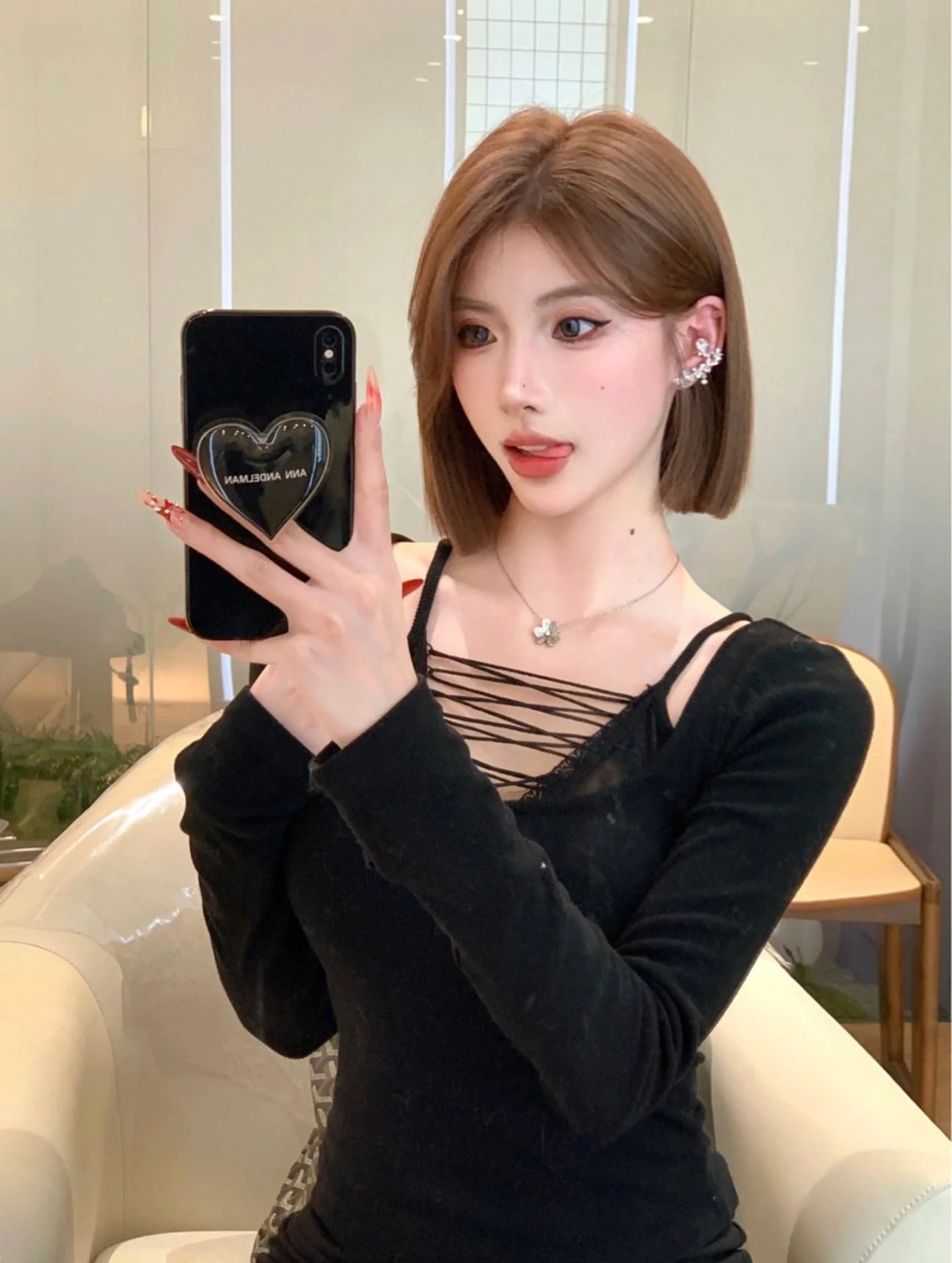 ミディアム 切りっぱなしボブ ボブレイヤー ボブ 髪質改善 レイヤーカット ワンホンヘア ケラチン/Kaitoのヘアスタイル