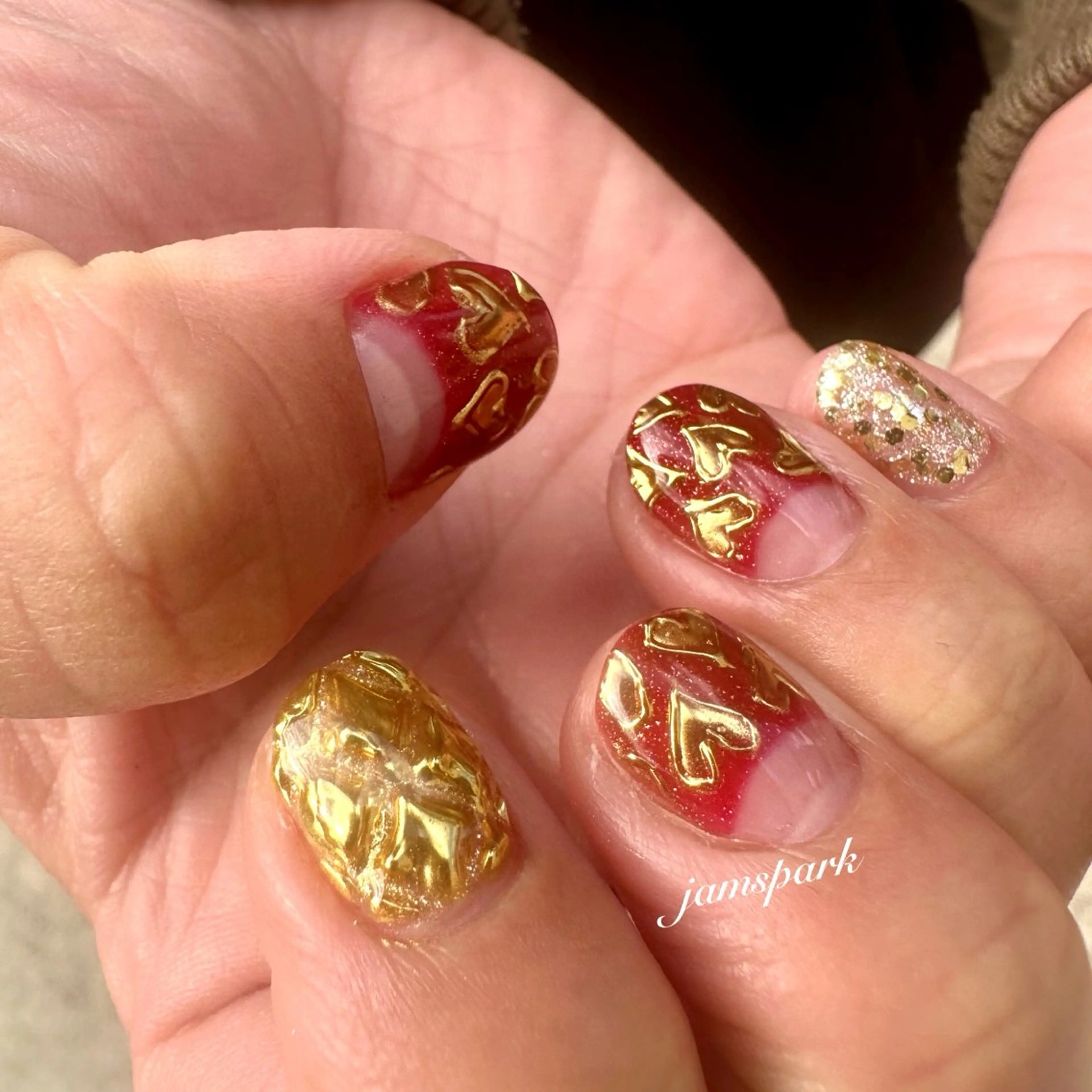 ネイル アートネイル ハート 赤色 バレンタイン ハンドネイル jamspark ✨のネイルデザイン