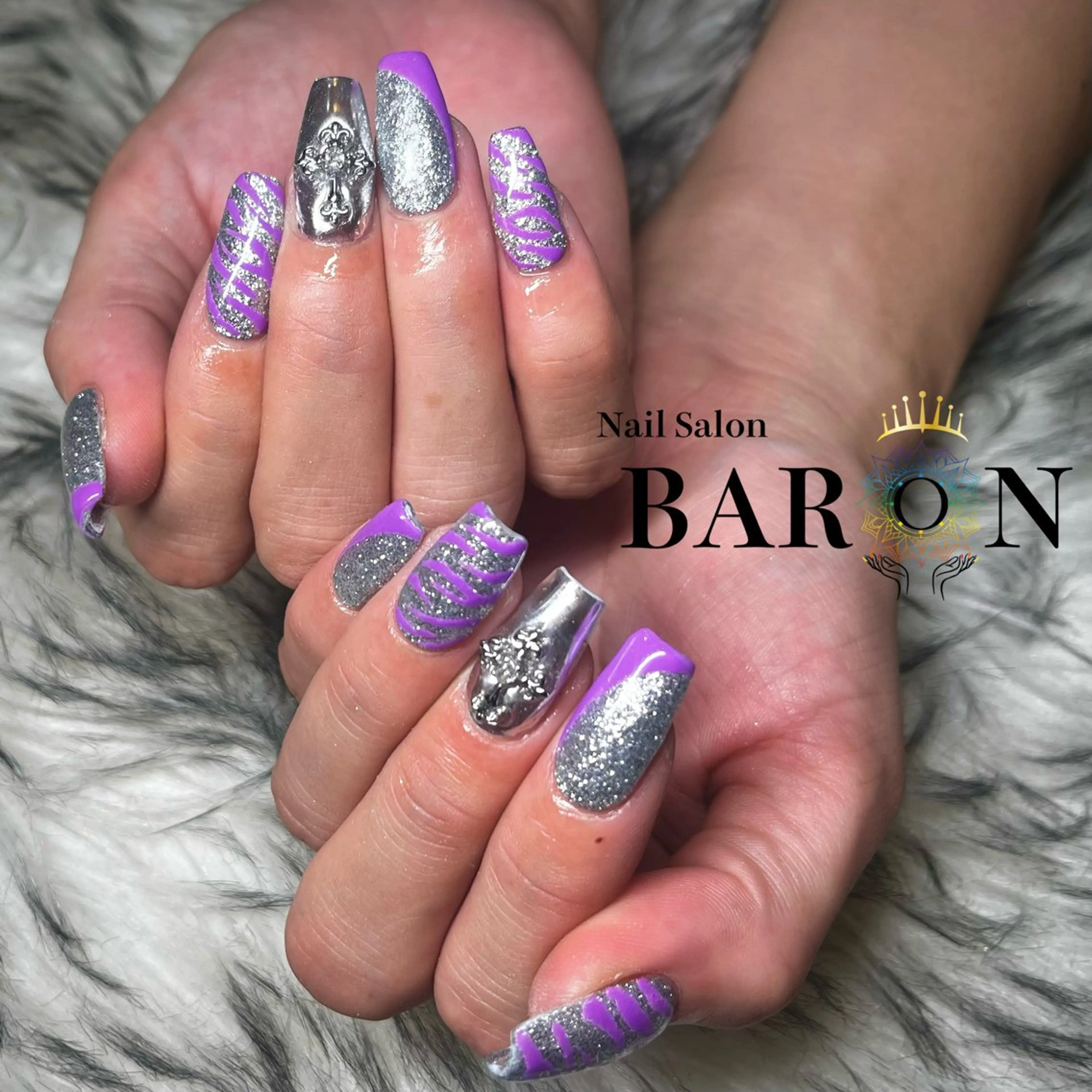 ネイル パープル シルバー ハンドネイル ☆SAKI☆ BARON 店長のネイルデザイン