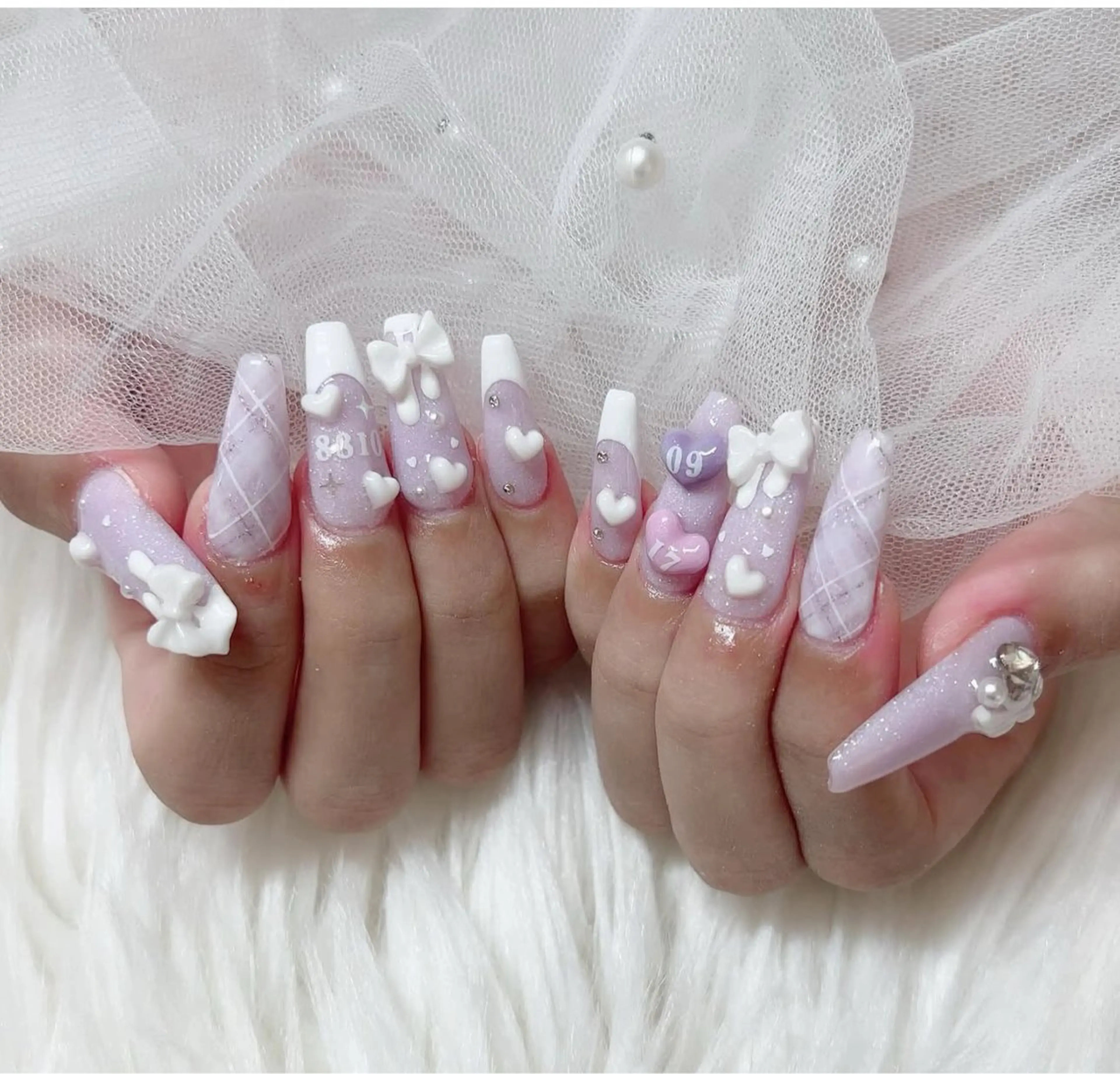 ネイル 成人式 ロングネイル マグネットネイル 大理石ネイル(マーブル) リボン ハンドネイル LilyLala Nailsalonのネイルデザイン