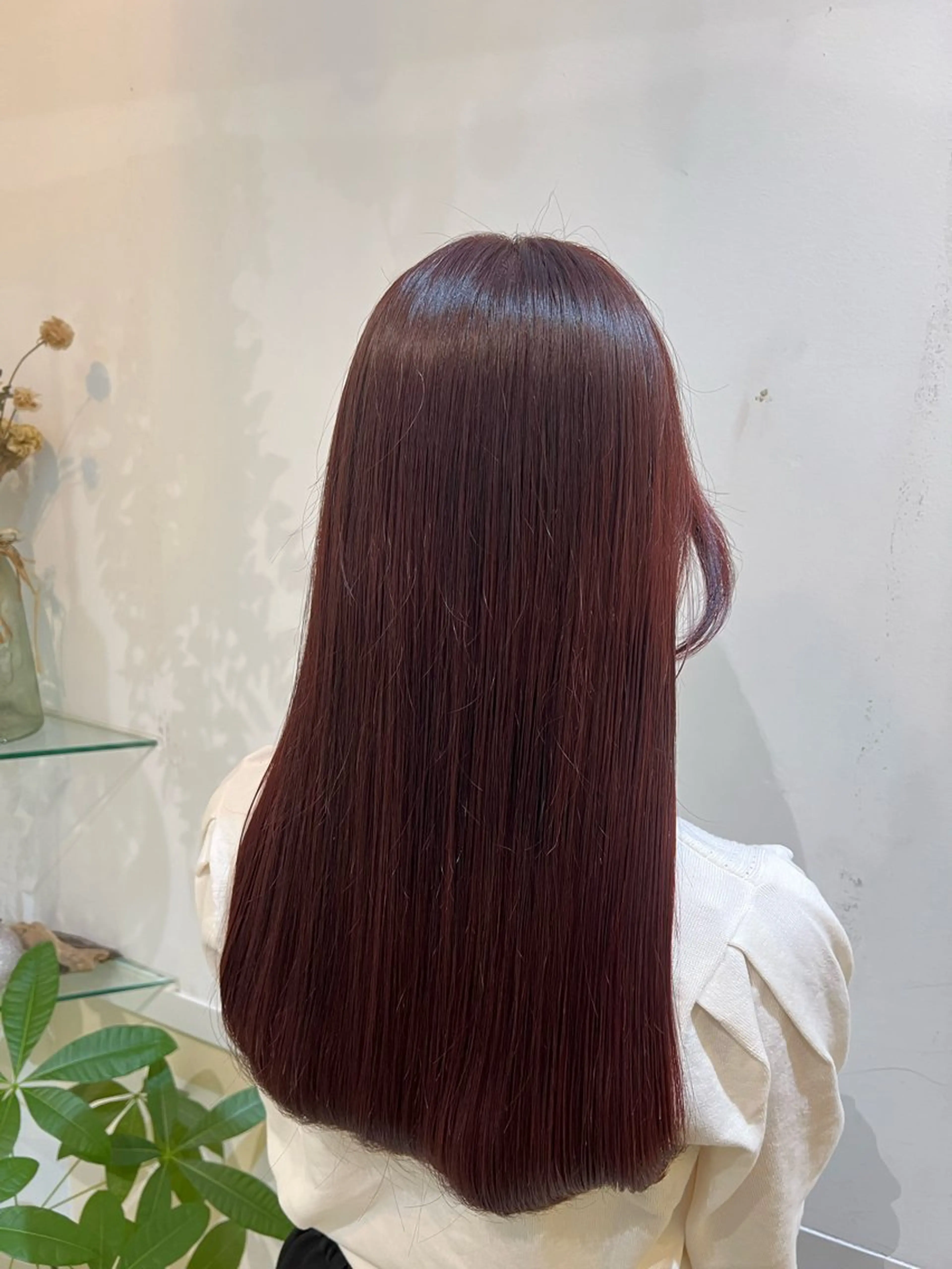 ロング カラー ブリーチ ボルドーカラー ブリーチなしカラー カット ヘアカラー トリートメント ブリーチしない暖色 カラー🥀杉 優菜のヘアスタイル