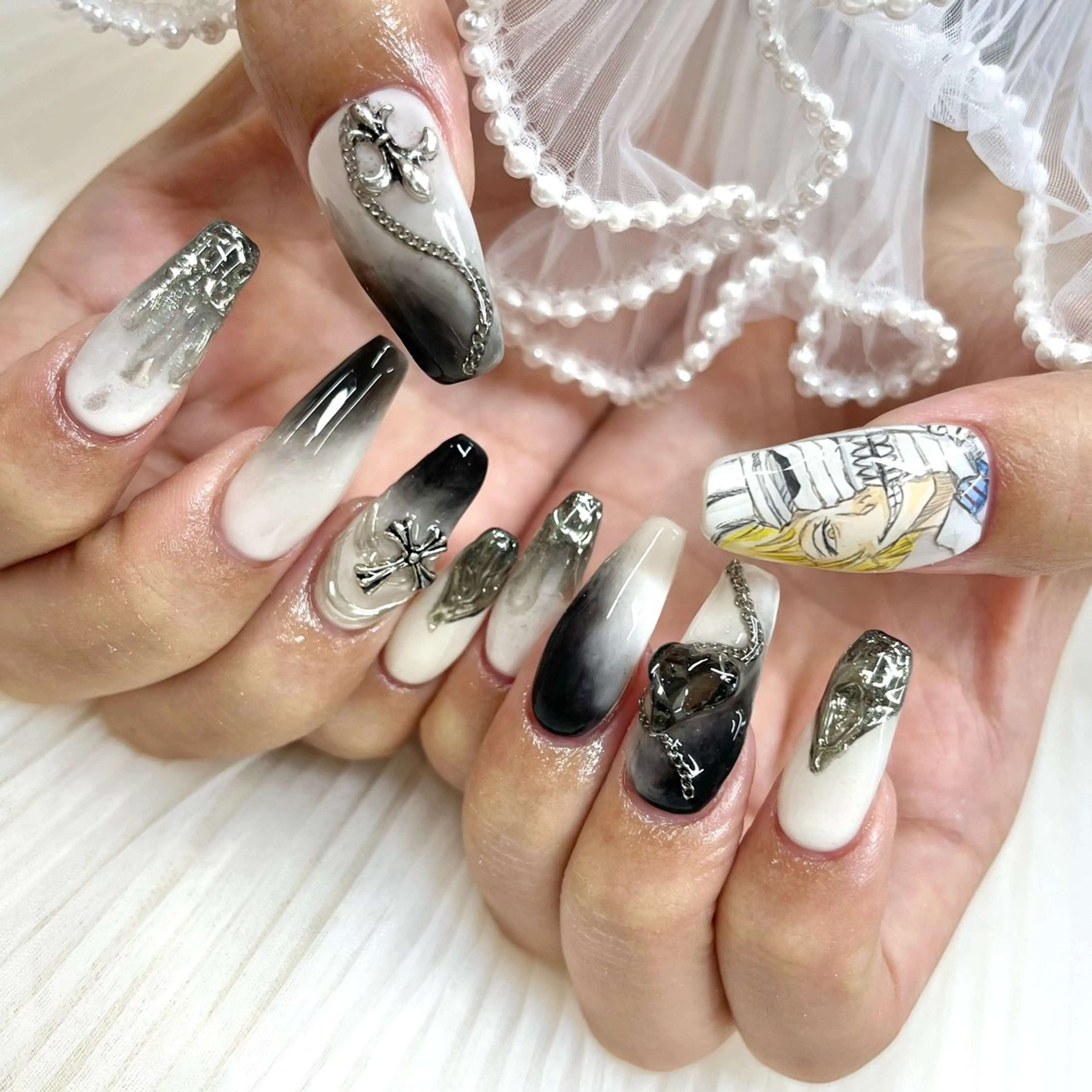 ロング ネイル ハート ハンドネイル 池袋痛ネイル Nok. 渡辺のネイルデザイン