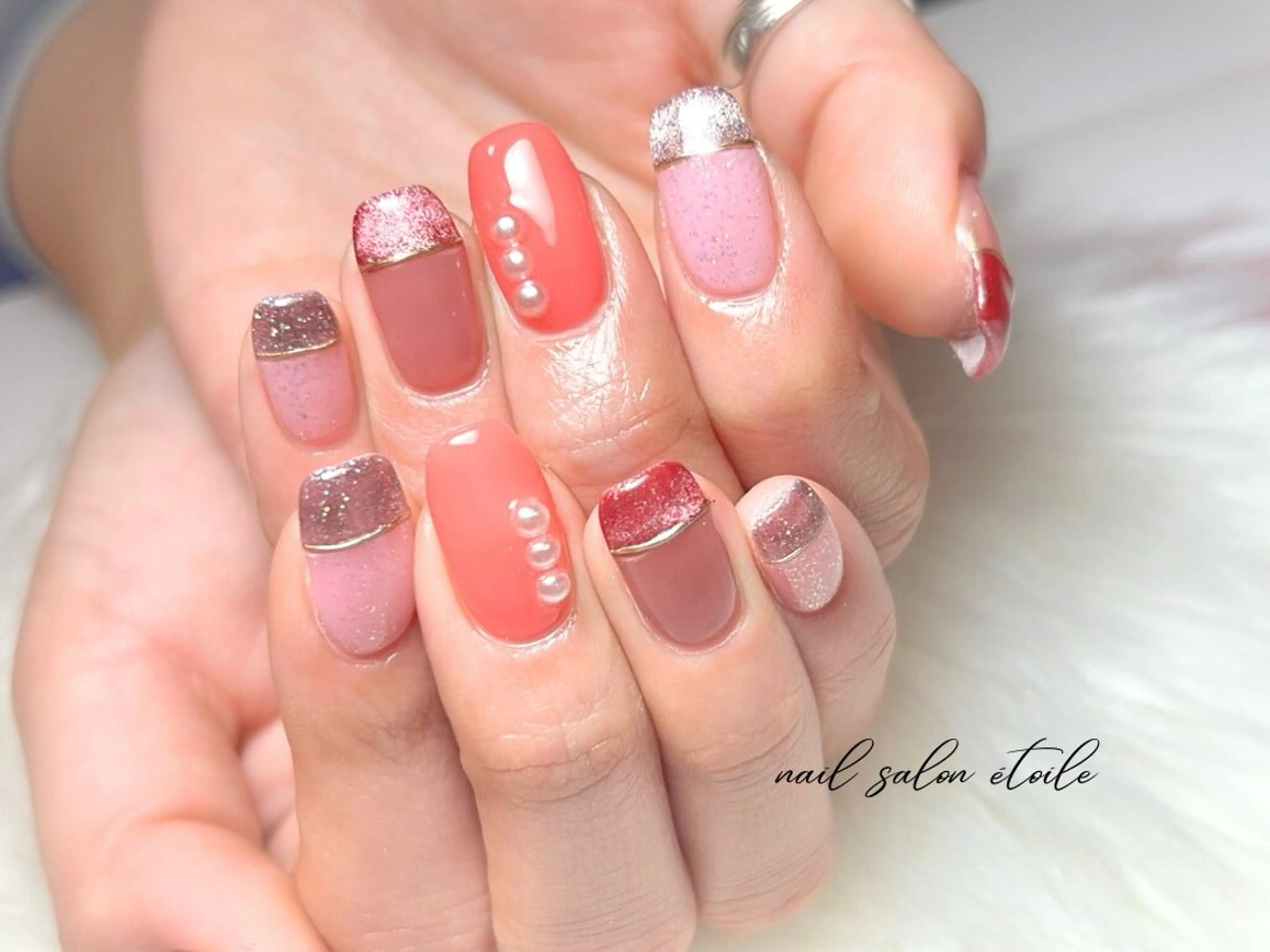 ネイル フラッシュネイル マグネットネイル ミラーネイル ピンク 春ネイル ハンドネイル nail salon étoileのネイルデザイン