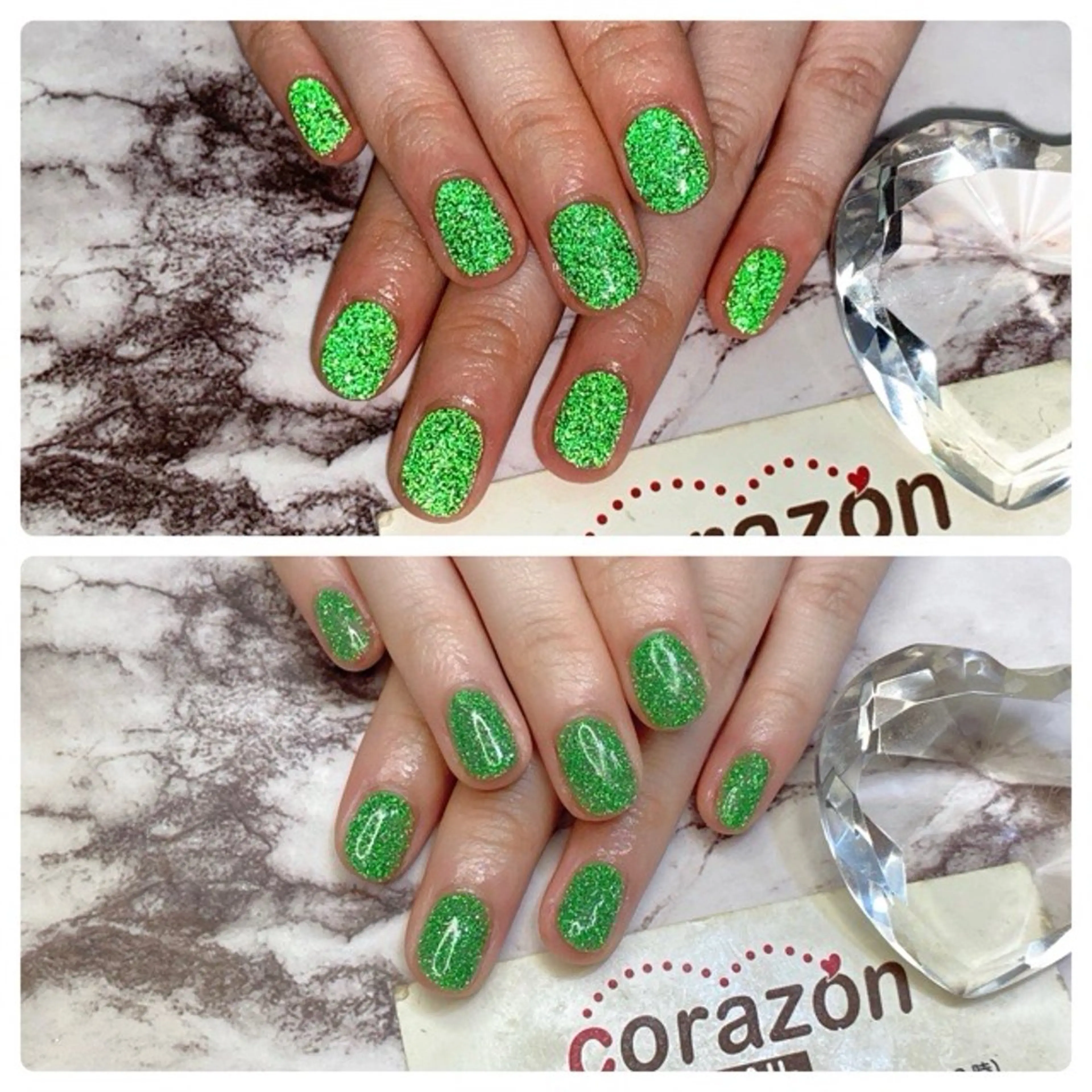 ネイル フラッシュネイル グリーン ラメ(グリッター) ワンカラーネイル ハンドネイル corazon所属・ネイリスト aicoのネイルデザイン