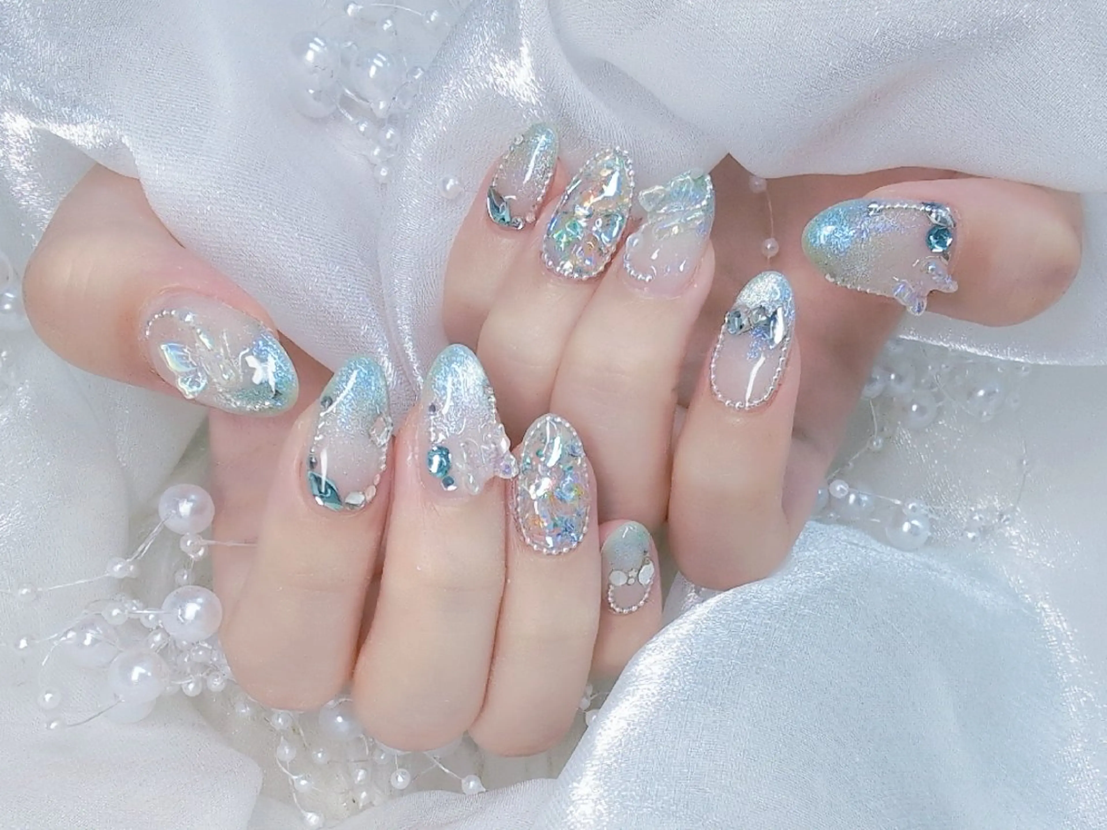 ネイル 長さ出し フラッシュネイル フレンチネイル キラキラネイル ラメ(グリッター) Chouette Nailのネイルデザイン