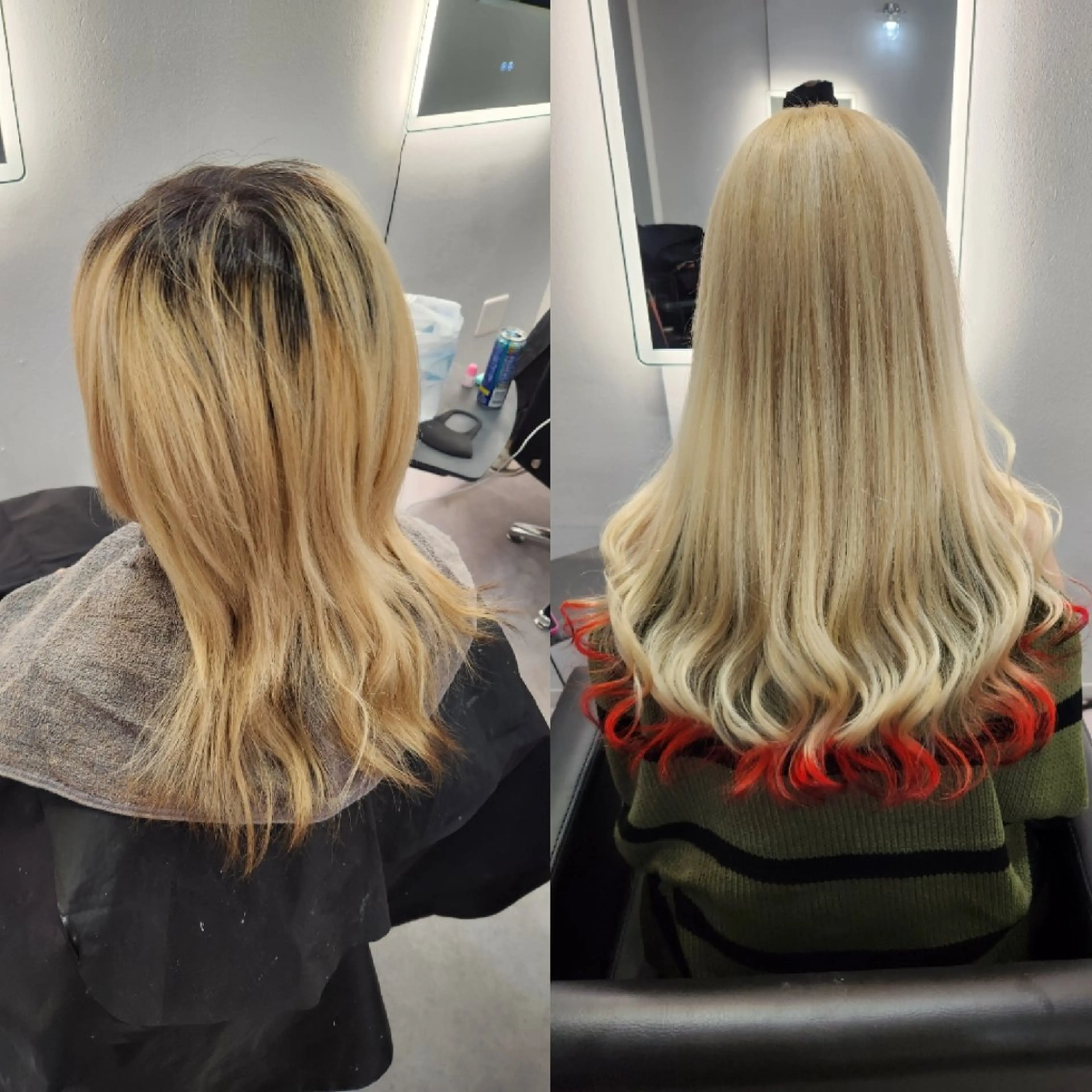 ミディアム カラー ブロンド ヘアカラー エクステ ツヤ髪✨縮毛矯正 ハイトーンカラーのヘアスタイル