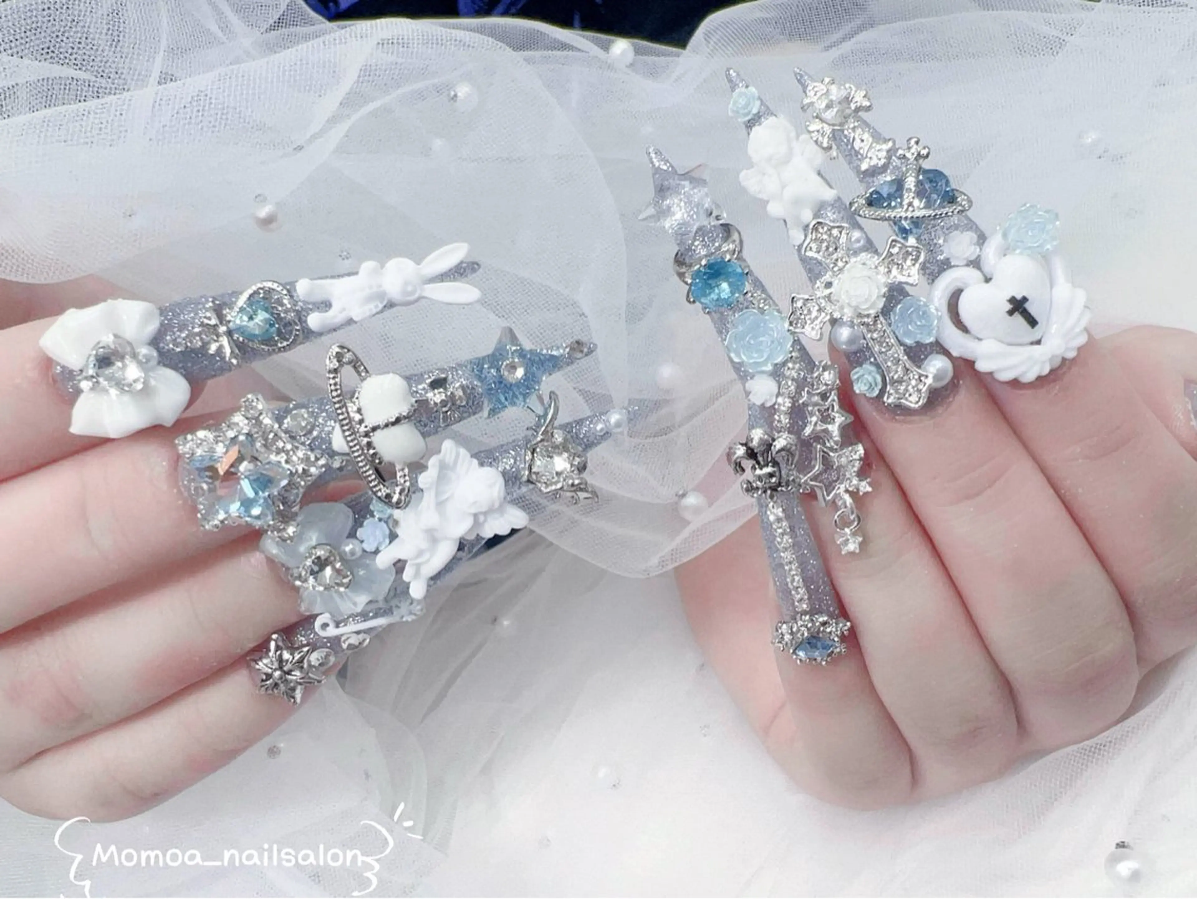 ネイル 成人式 ロングネイル マグネットネイル 大理石ネイル(マーブル) 持ち込み ハンドネイル MoMoA Nail ネイル長さ出し専門店のネイルデザイン