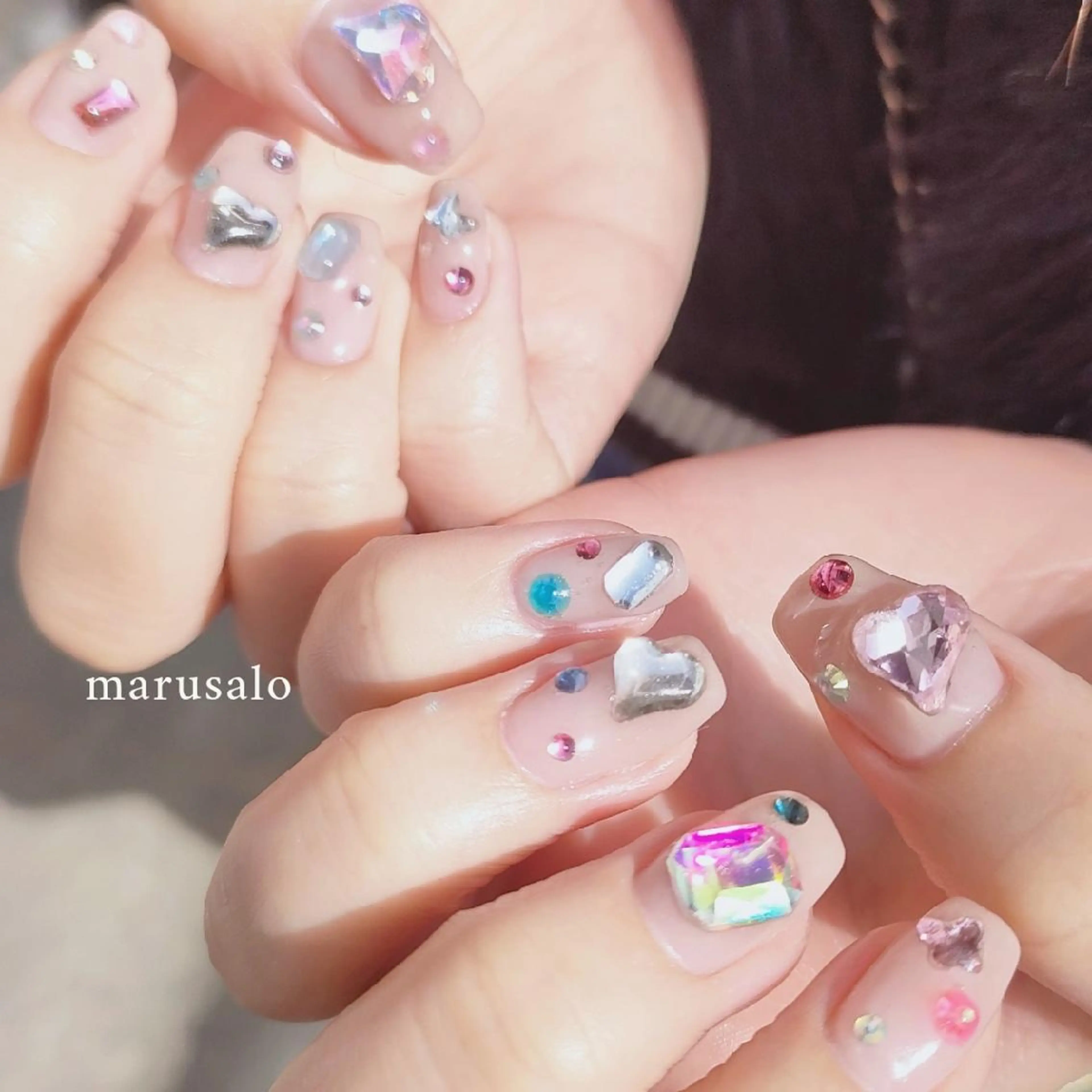 ネイル ドット ハート キラキラネイル 韓国ネイル 春ネイル ハンドネイル marusalo nailのネイルデザイン