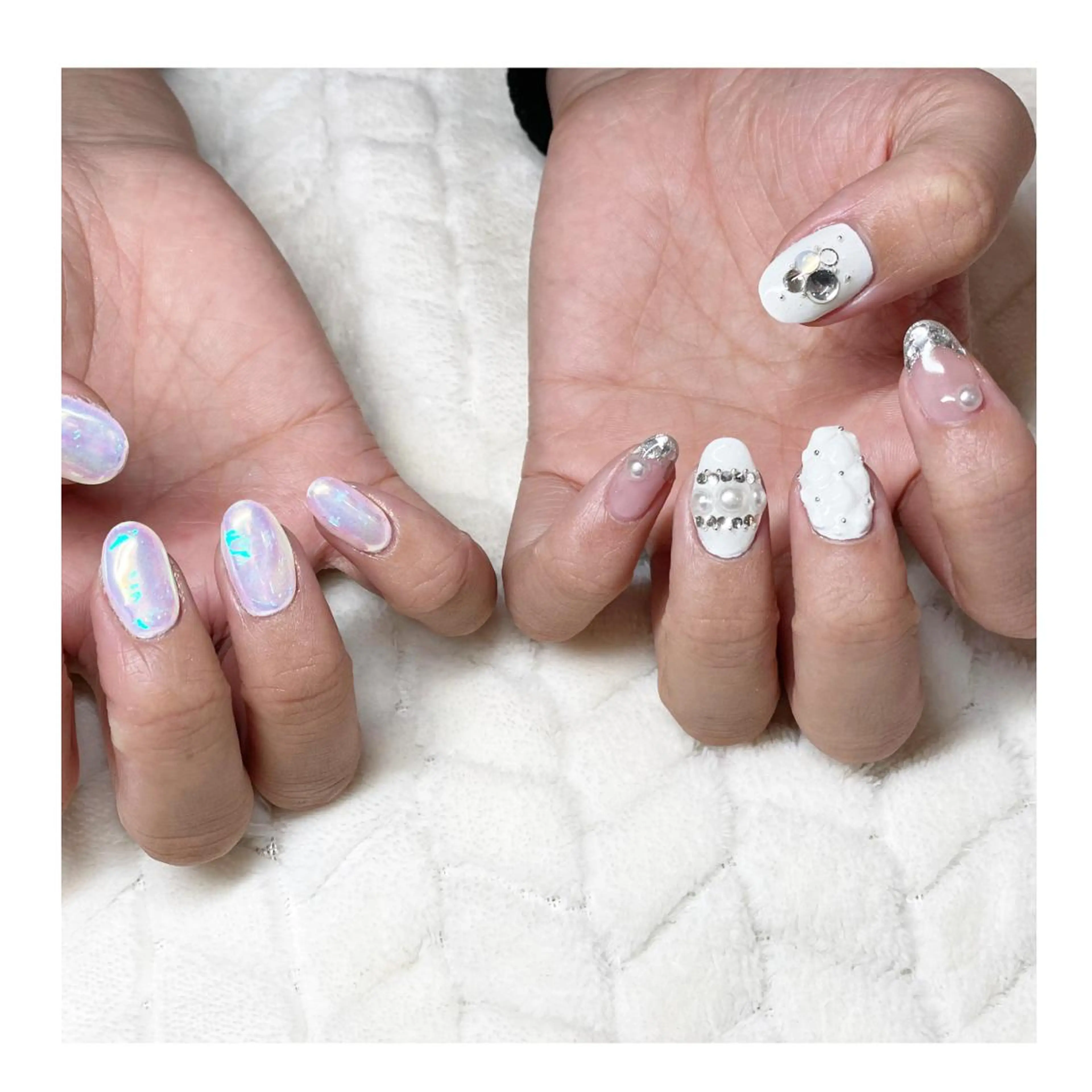 ネイル アートネイル ジェルネイル 氷ネイル・うるうるネイル ホワイト ハンドネイル LaLa Peach 福岡のマツエク・マツパデザイン