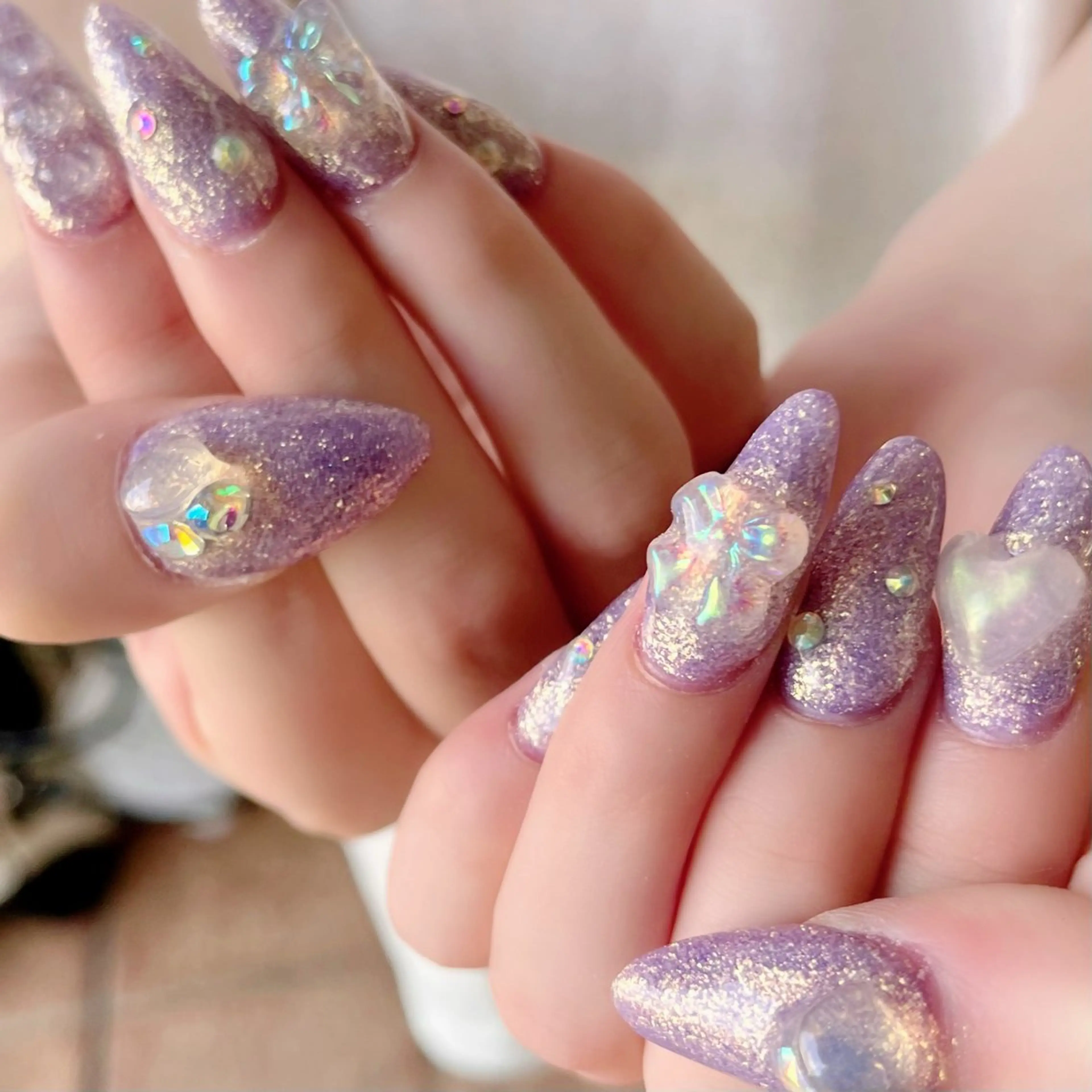 ネイル 長さ出し ハート キラキラネイル ラメ(グリッター) パープル RIONnail(リオンネイル)所属・RIONnail Yurikaのネイルデザイン