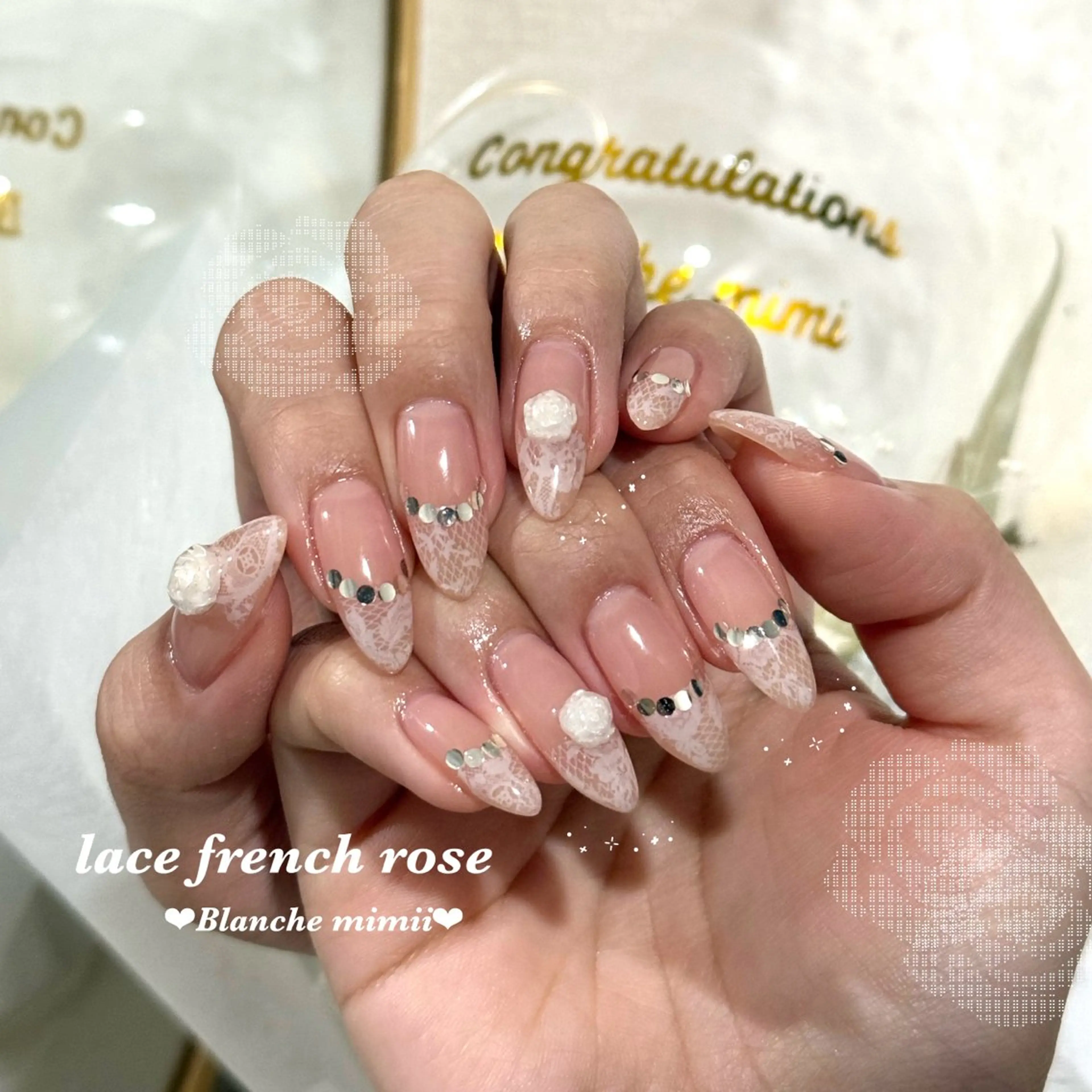 ネイル フレンチネイル ガーリー 韓国ネイル レース ワンホンネイル ハンドネイル Blanche　mimii所属・Blanche Ayaのネイルデザイン