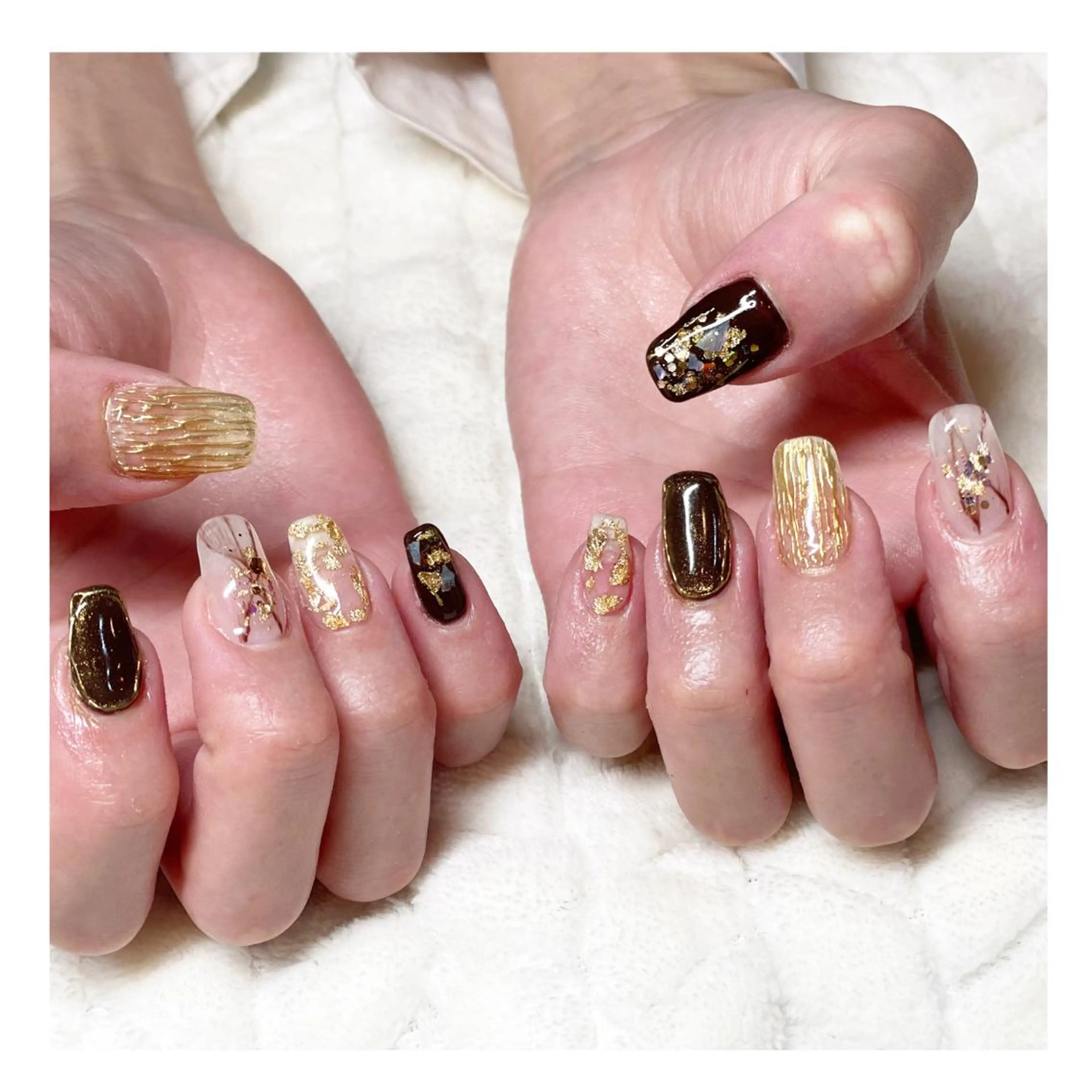 ネイル ブラウン 大理石ネイル(マーブル) ニュアンスネイル 冬ネイル ハンドネイル LaLa Peach 福岡のマツエク・マツパデザイン