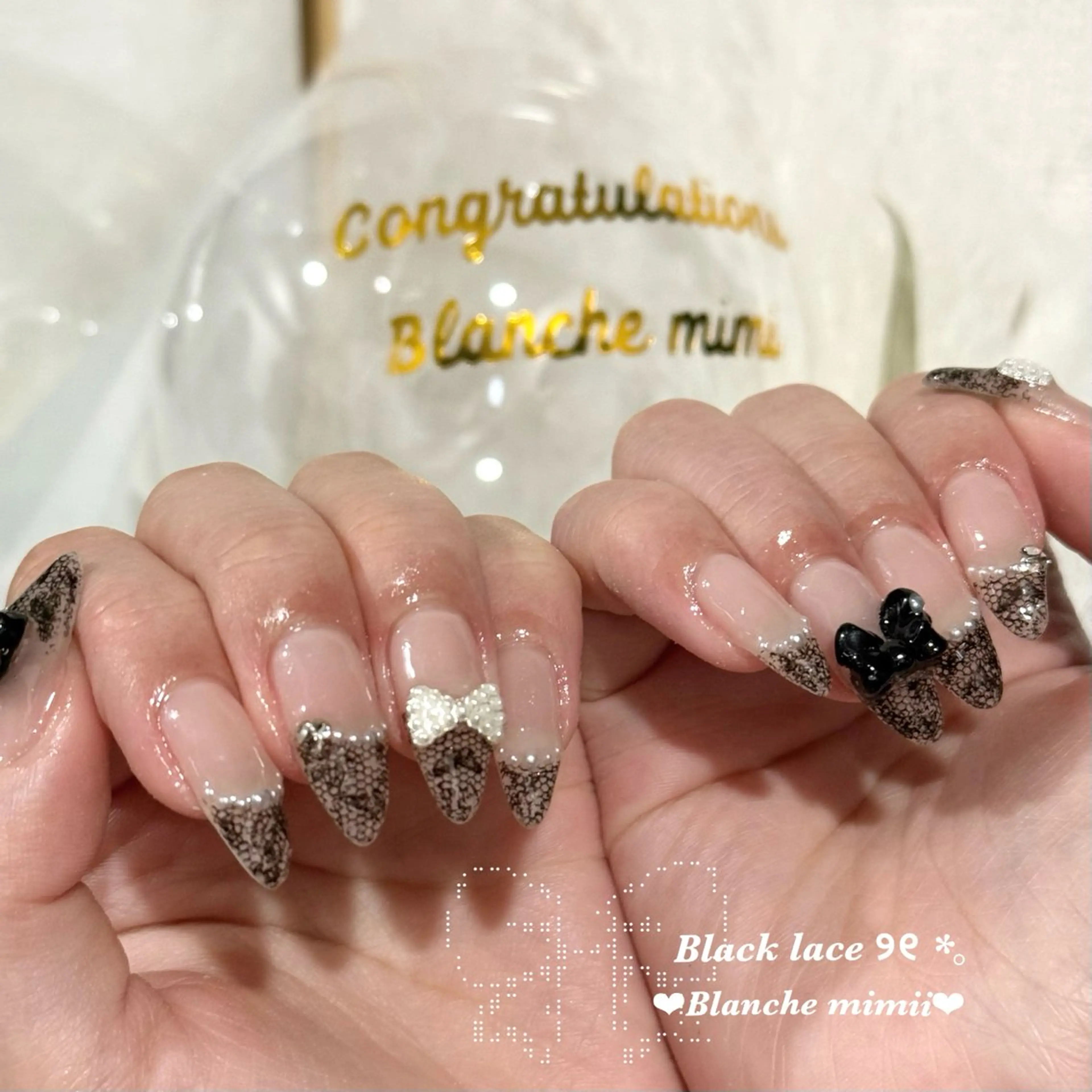 ネイル ガーリー 韓国ネイル レース リボン ワンホンネイル ハンドネイル Blanche　mimii所属・Blanche Ayaのネイルデザイン