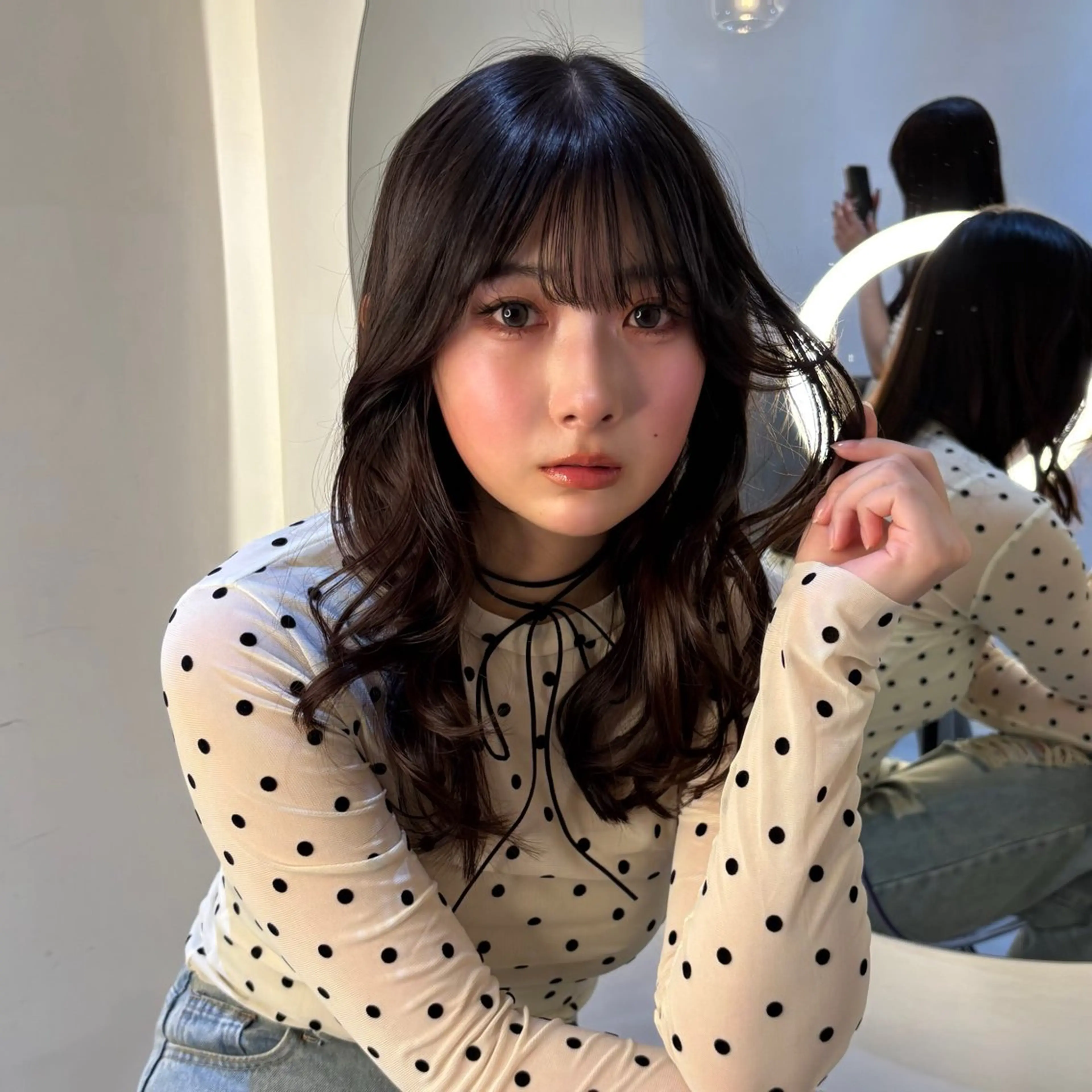 セミロング カラー ヘアアレンジ 暗髪／艶髪／渋谷/ モモカ🎀のヘアスタイル