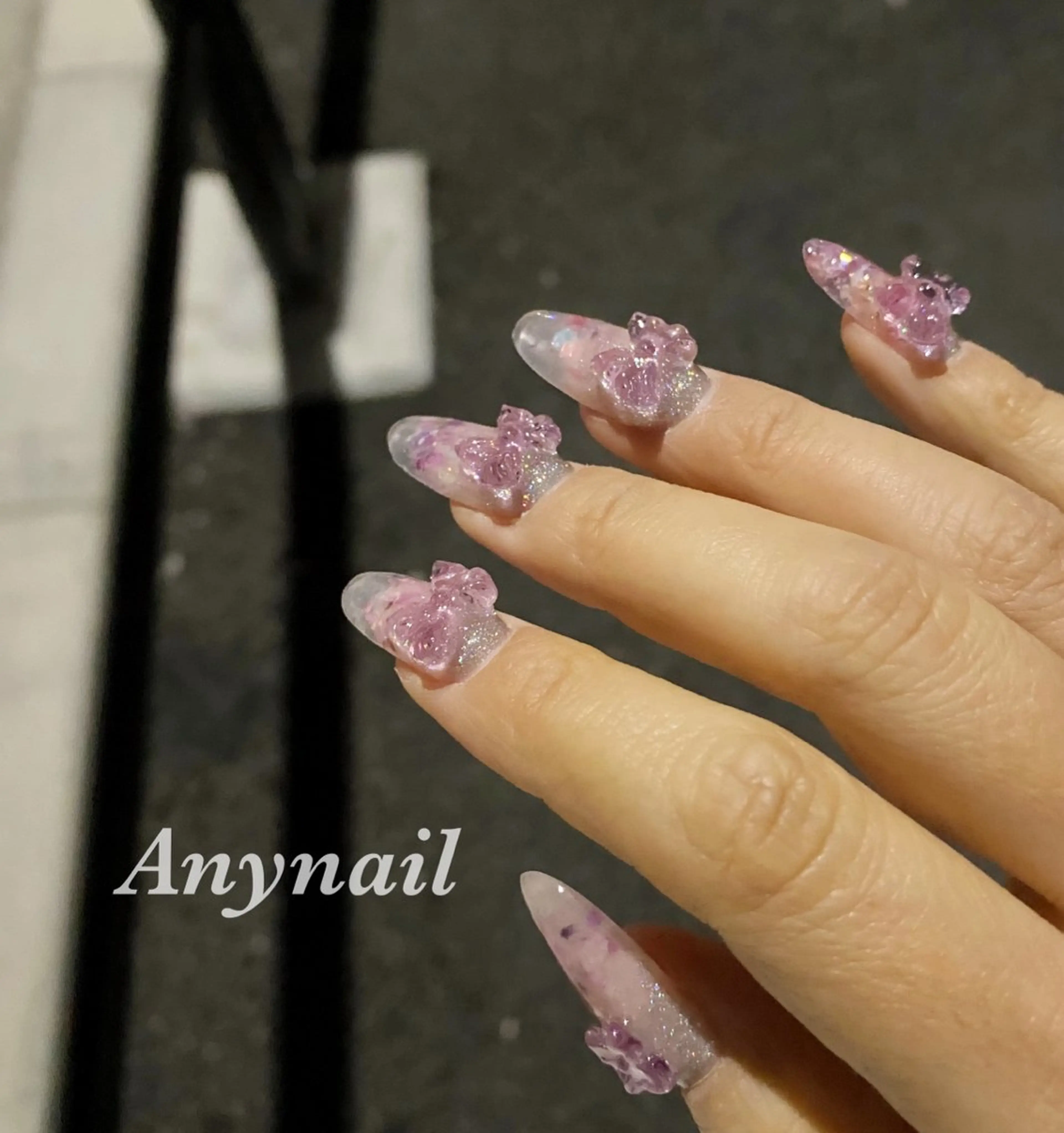 ネイル ブルー クリアネイル フラワーネイル リボン スカルプネイル ハンドネイル 岩澤 恵子のネイルデザイン