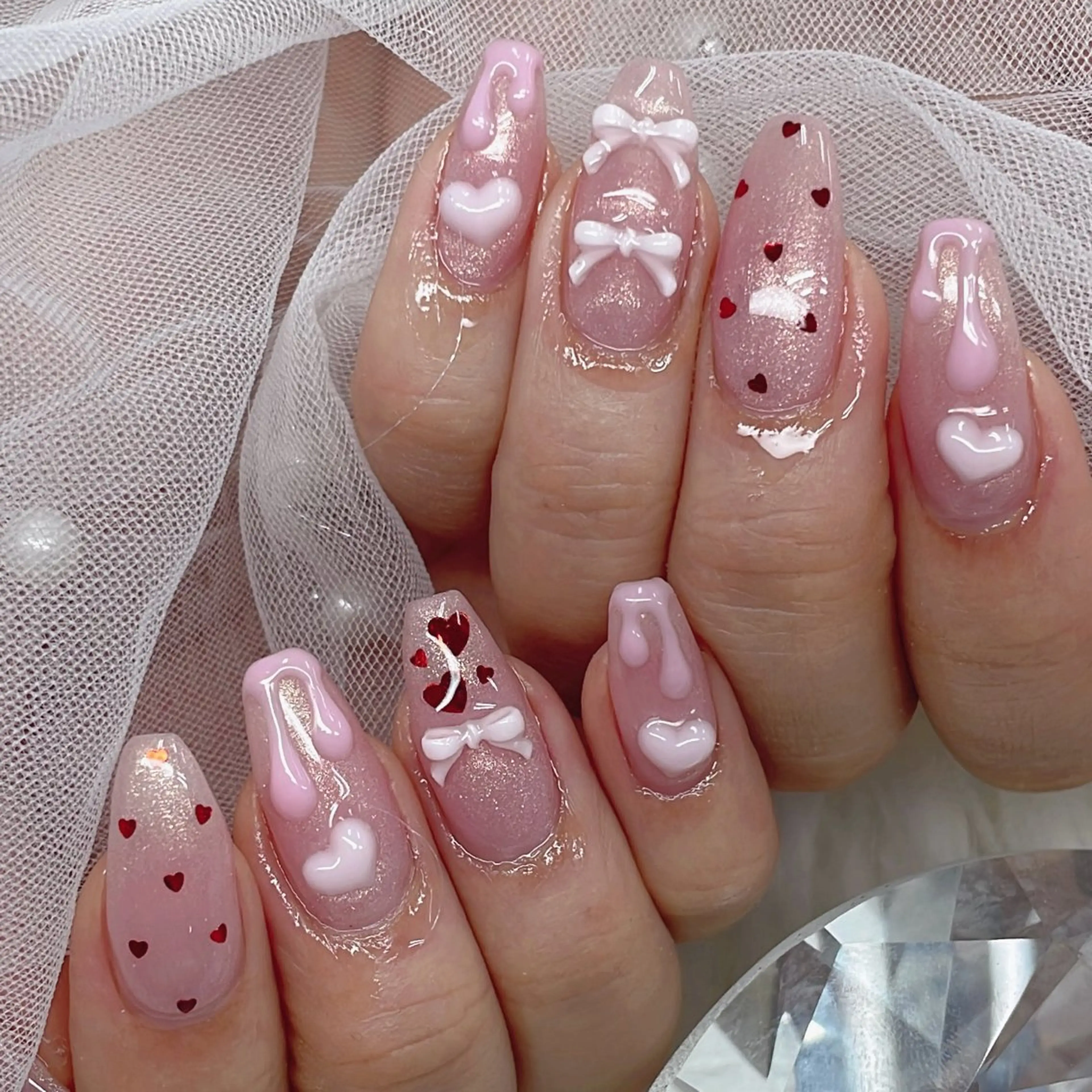 ネイル アートネイル ハート ラメ(グリッター) ピンク リボン ハンドネイル ♡tener♡ YURINEのネイルデザイン