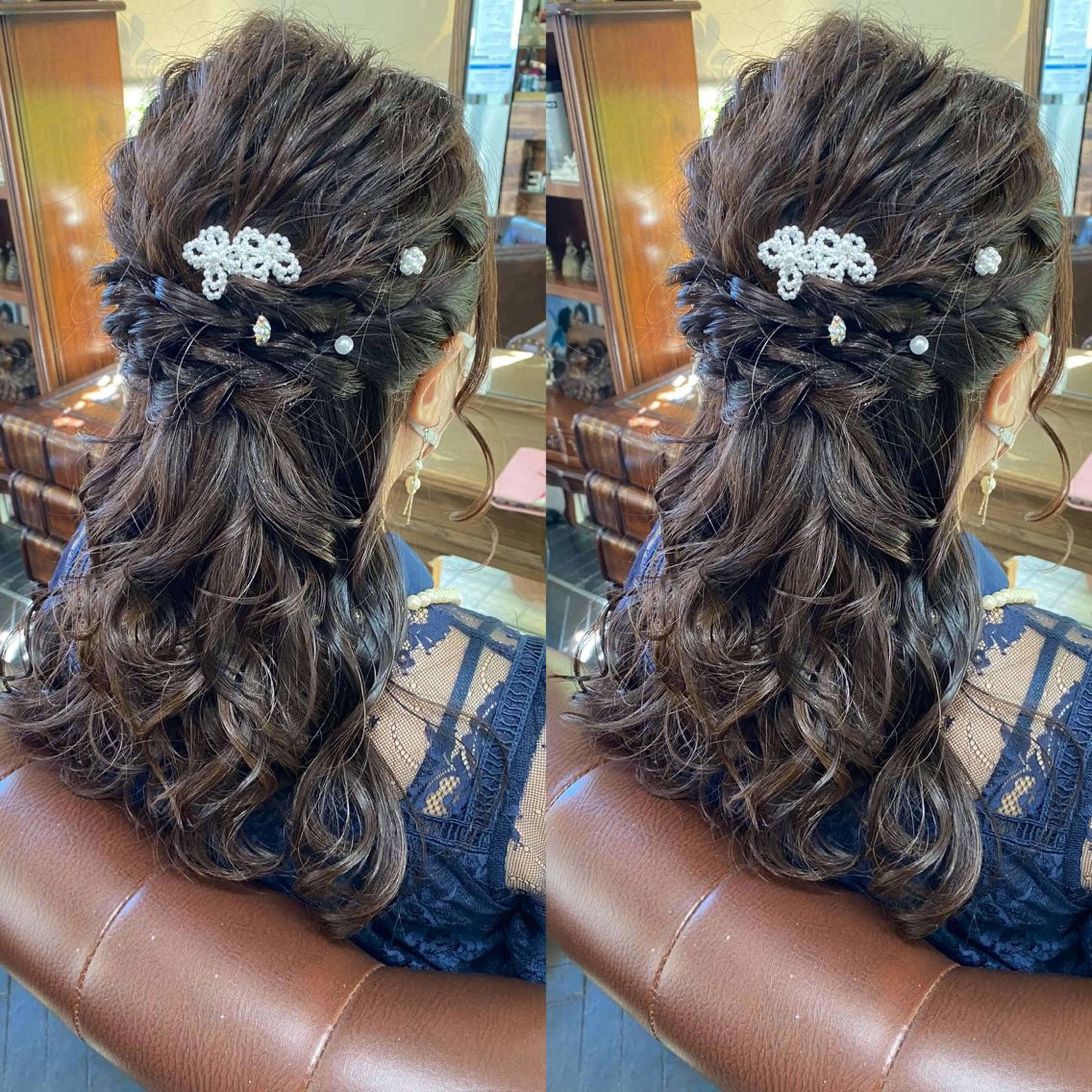 セミロング カラー ヘアアレンジ ハーフアップ バレイヤージュ ブリーチ ブロンド ダブルカラー モモカ/ハイトーン /バレイヤージュのヘアスタイル