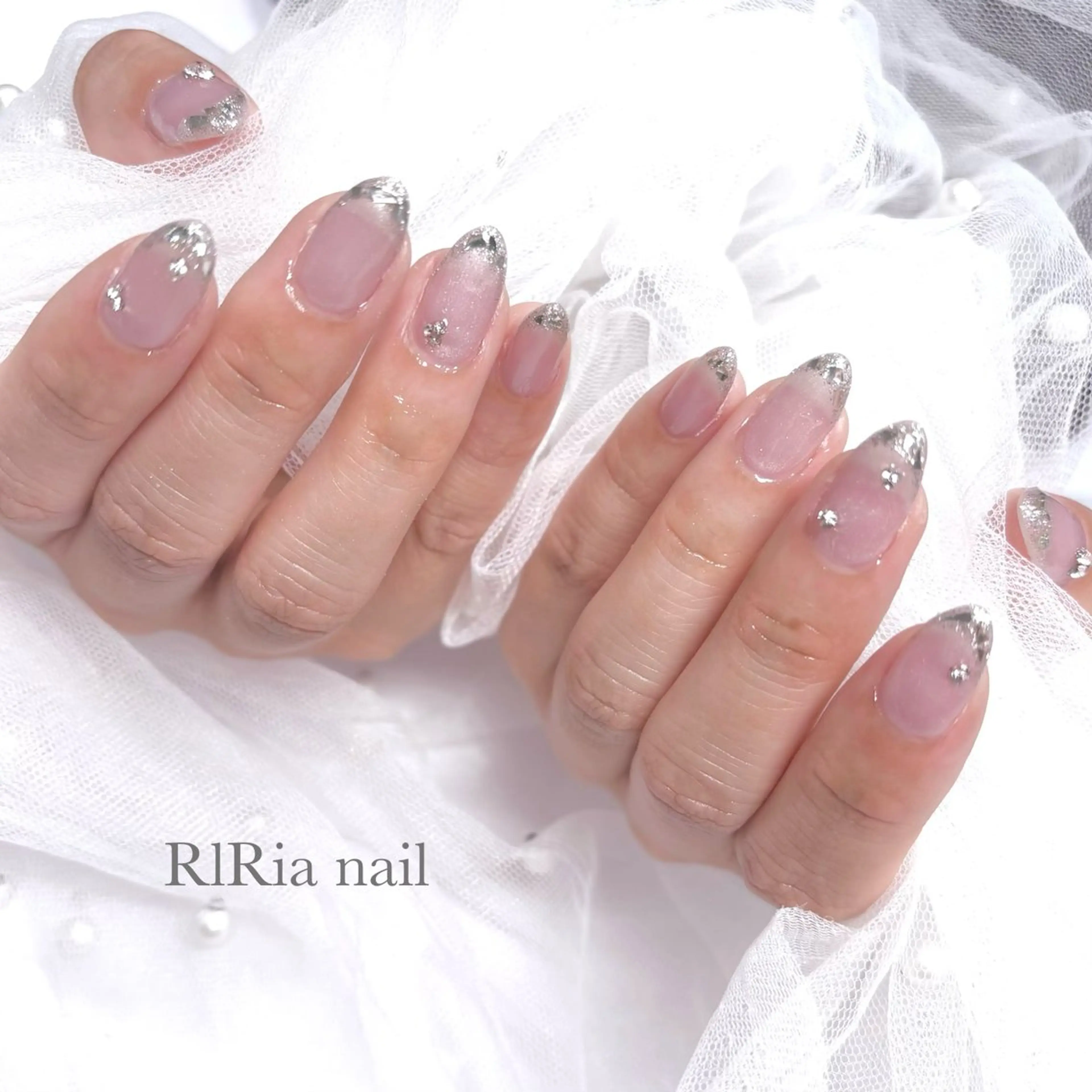 ネイル フレンチネイル ピンク シルバー ハンドネイル 🎀『 RlRia nail 』🎀所属・RlRia .のネイルデザイン