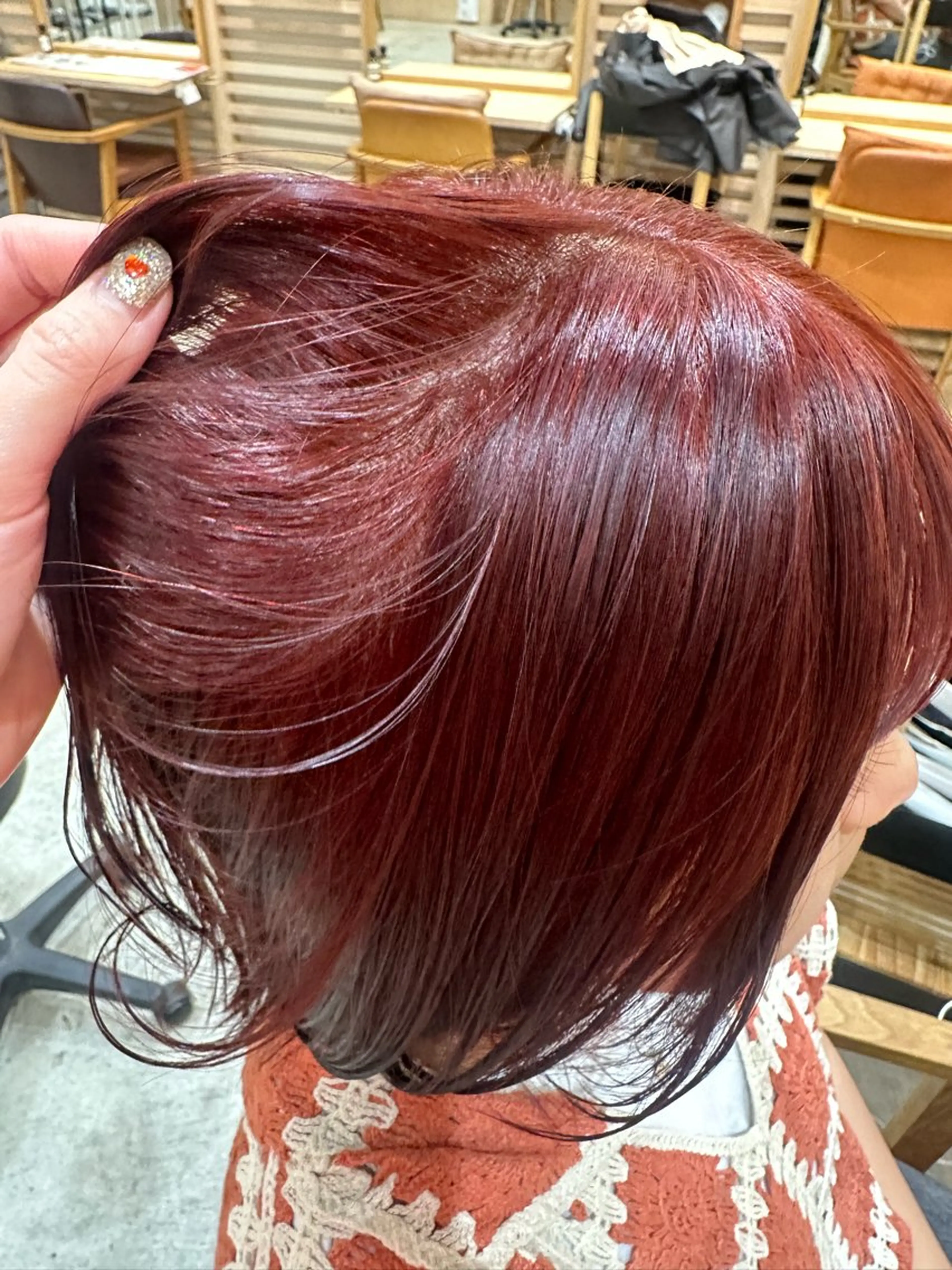 ミディアム カラー ダブルカラー オレンジ レッドカラー ボブ/レイヤー/ニュ アンスパーマ/小夏のヘアスタイル