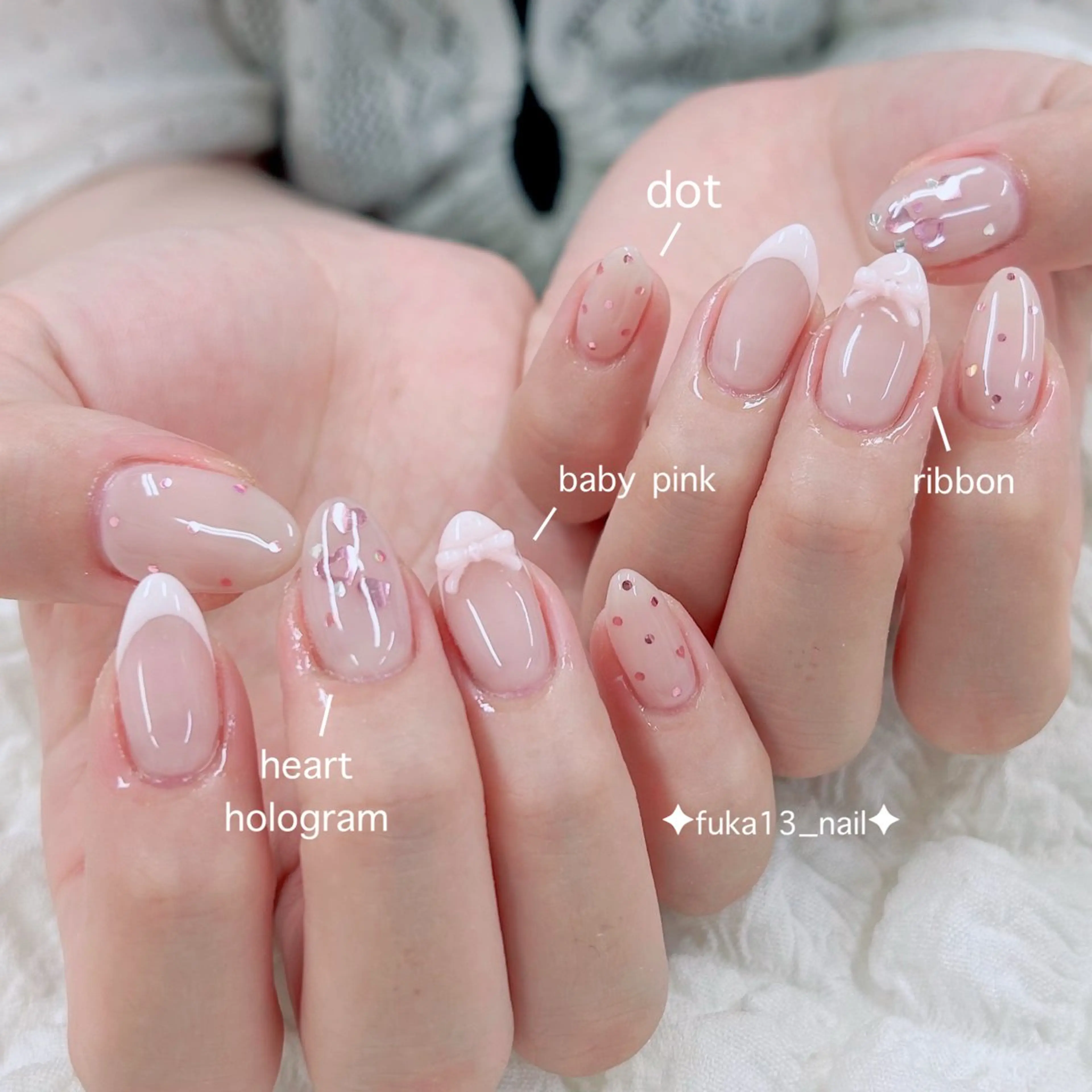 ネイル ドット フレンチネイル ガーリー ハート キラキラネイル ハンドネイル ネイルサロンAnela【アネラ】所属・Nail♡Fuka. /1月予約受付中のネイルデザイン